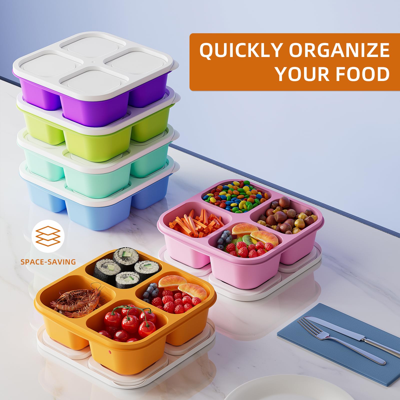 6-Piece Bento Box Set - Reusable 4-Compartment Food Storage Containers with Lids | Divided Lunch Containers for Kids & Adults | Freezer, Microwave & Dishwasher Safe (6 Colors) | Perfect for Meal Prep, School Lunches, Office Snacks & Picnics