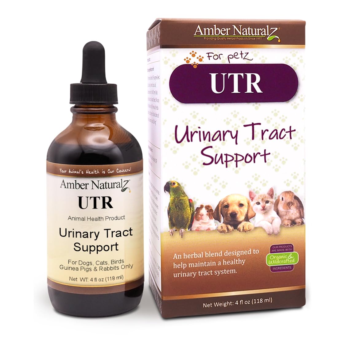 AMBER NATURALZ UTR Urinary Tract Herbal Supplement for Dogs, Cats, Birds, Guinea Pigs & Rabbits | Natural Pet Bladder Support | 4oz Glass Bottle | Made in USA | Supports Healthy Urinary Function for Small Pets