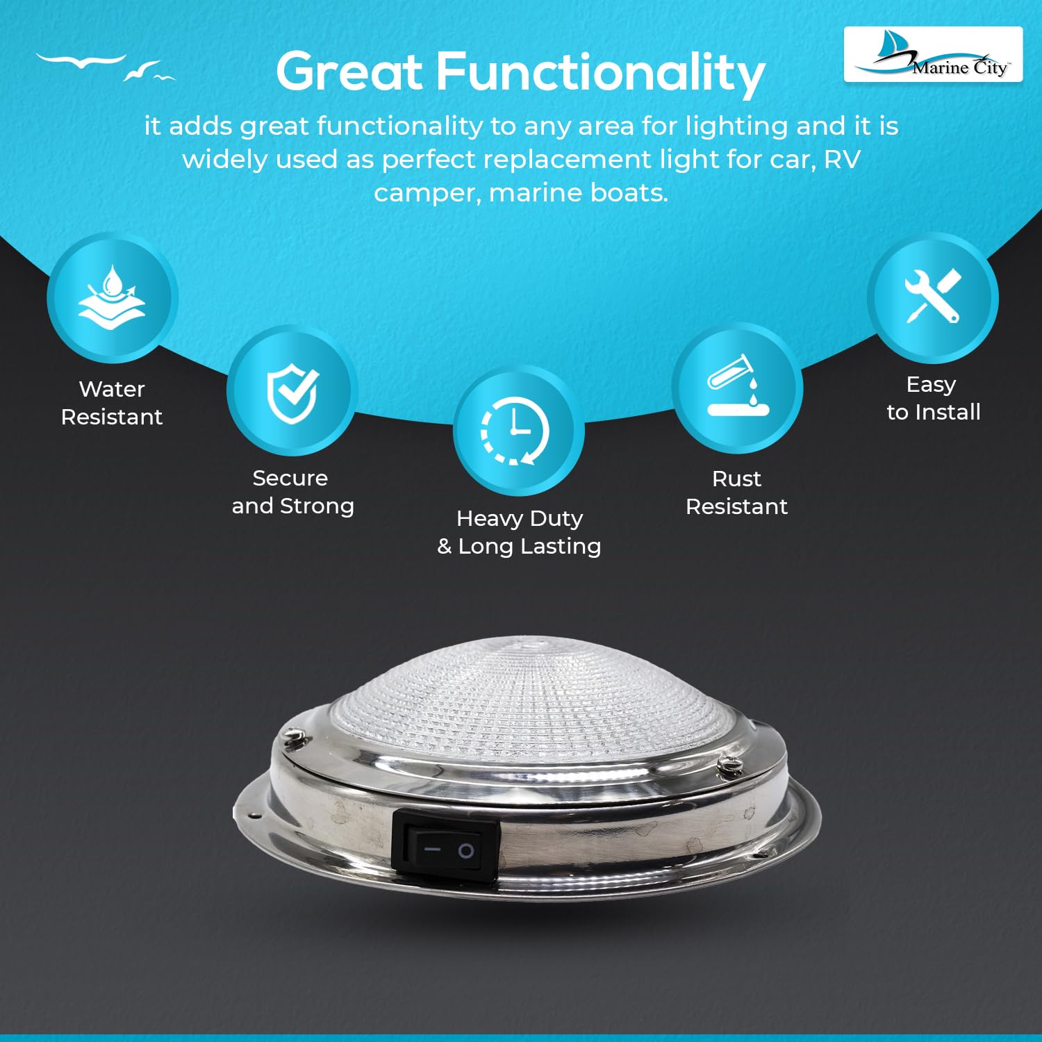 MARINE CITY 304 Stainless Steel LED Dome Light - 12V 3W Super Bright, 4 Inch Waterproof RV Boat Ceiling Light - Long Lasting Battery Life for Interior Roof Lighting in RVs, Boats, Yachts, Trailers - Perfect for Nighttime Navigation & Cabin Illumination (2 Pack)