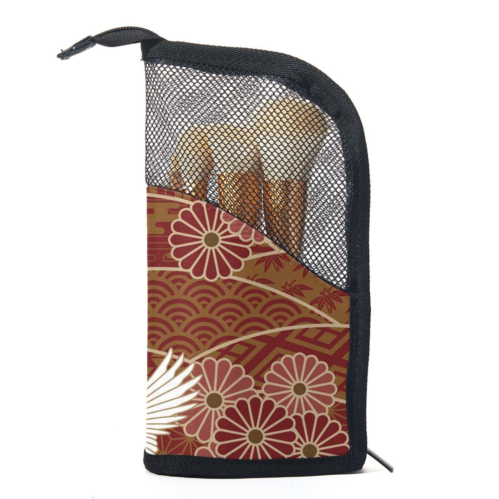 12-Piece Makeup Brush Organizer Bag with Floral Red Crane Design - Portable Travel Cosmetic Brush Holder Case for Professional Artists & Beginners - Perfect for Home, Travel, and Salon Use