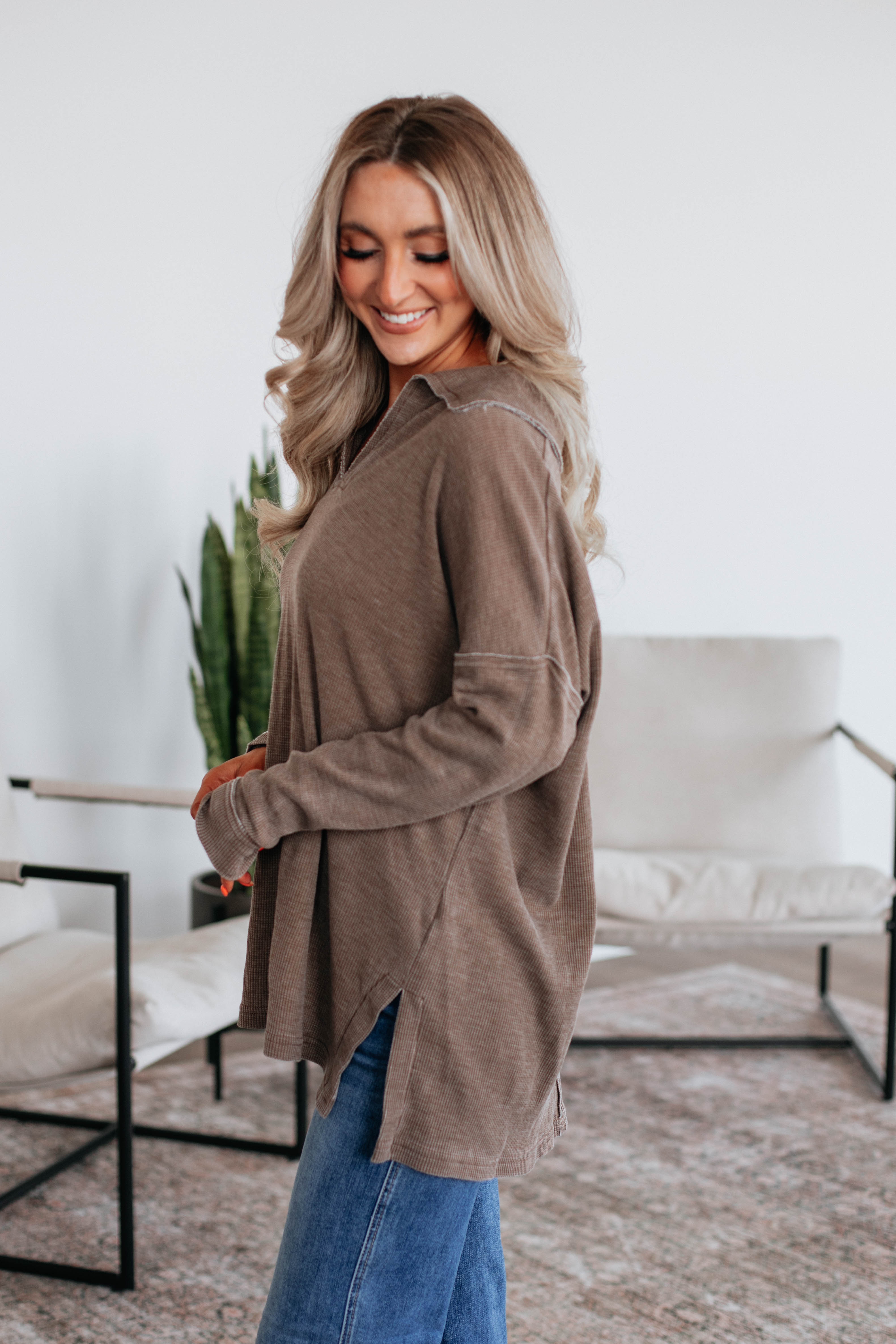 Bronwen Oversized Top in Mocha - Stylish Loose Fit Blouse for Women | Perfect for Casual Outings, Office Wear & Layering
