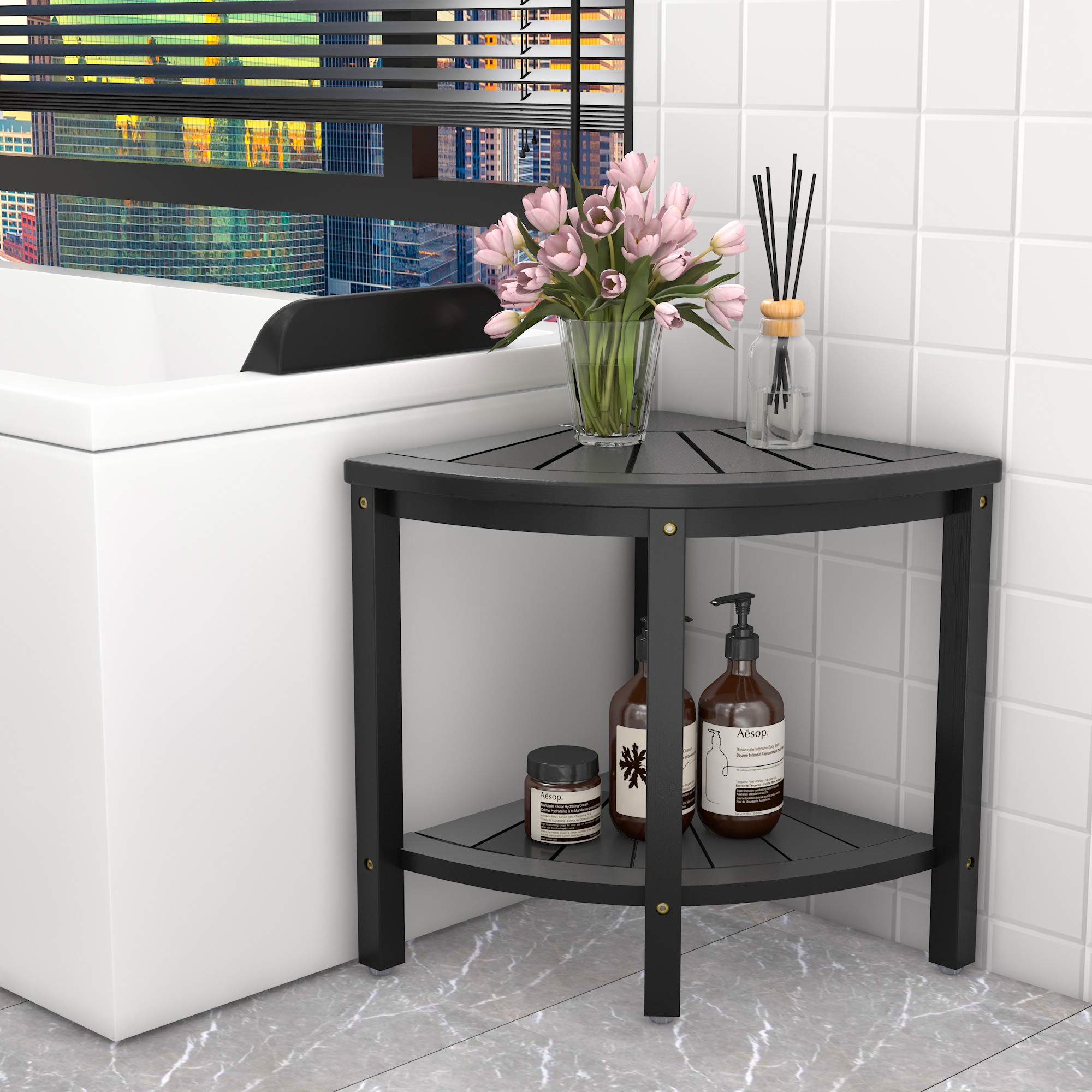 Premium Bamboo Shower Stool with Storage Shelf - Waterproof Bath Seat Bench for Shaving Legs, Elderly & Spa Use - Perfect for Bathroom, Shower & Relaxation