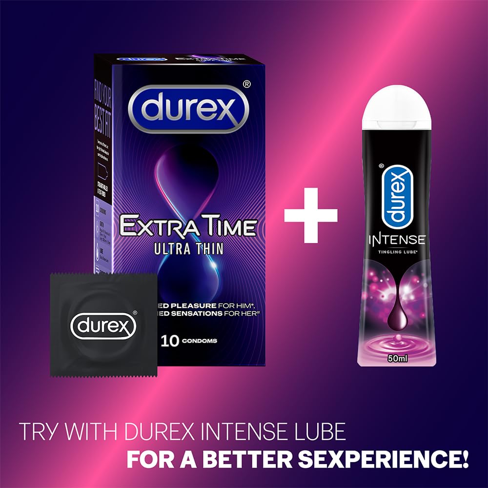 Durex Extra Time Ultra Thin Condoms - 10 Pack | Prolong Pleasure | Latex Safe | Sensitive Feel | Perfect for Couples & Date Nights