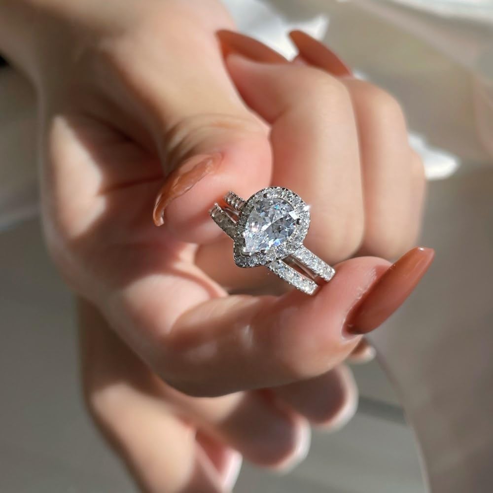 2 Carat Pear Shaped Moissanite Engagement Ring Set for Women - Platinum Plated Silver Wedding Band & Teardrop Bridal Set | Perfect for Proposals, Anniversaries & Special Occasions