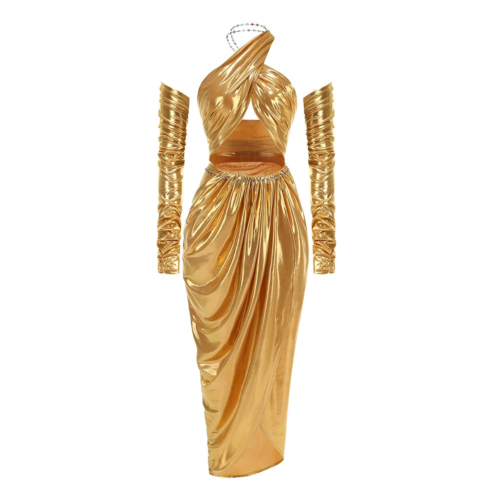 Golden Women's Sexy Halter Off-Shoulder Bodycon Long Dress with Gloves - Elegant Evening Gown for Cocktail Party, Birthday, Night Out & Special Occasions