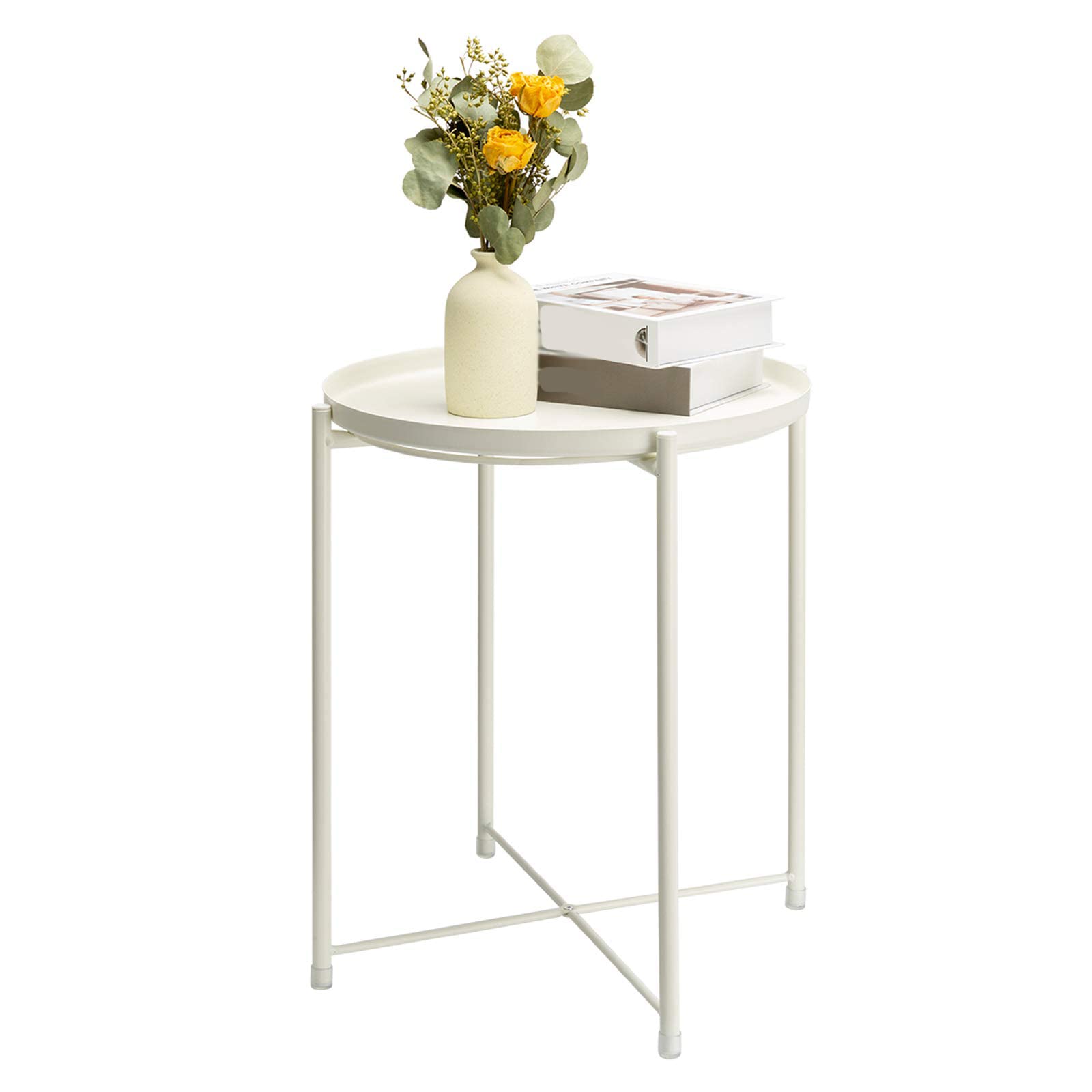 XXBJFMY Folding Metal Side Table - Waterproof Small Coffee Table with Removable Tray, 43x43x52cm, White - Perfect for Living Room, Bedroom, Balcony & Office - Space-Saving End Table for Small Spaces & Home Decor