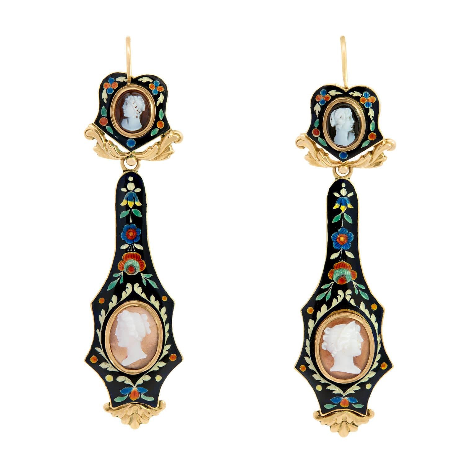 Victorian 18k Gold Shell Cameo Swiss Enamel Day & Night Earrings - Antique Jewelry for Weddings, Parties & Special Occasions