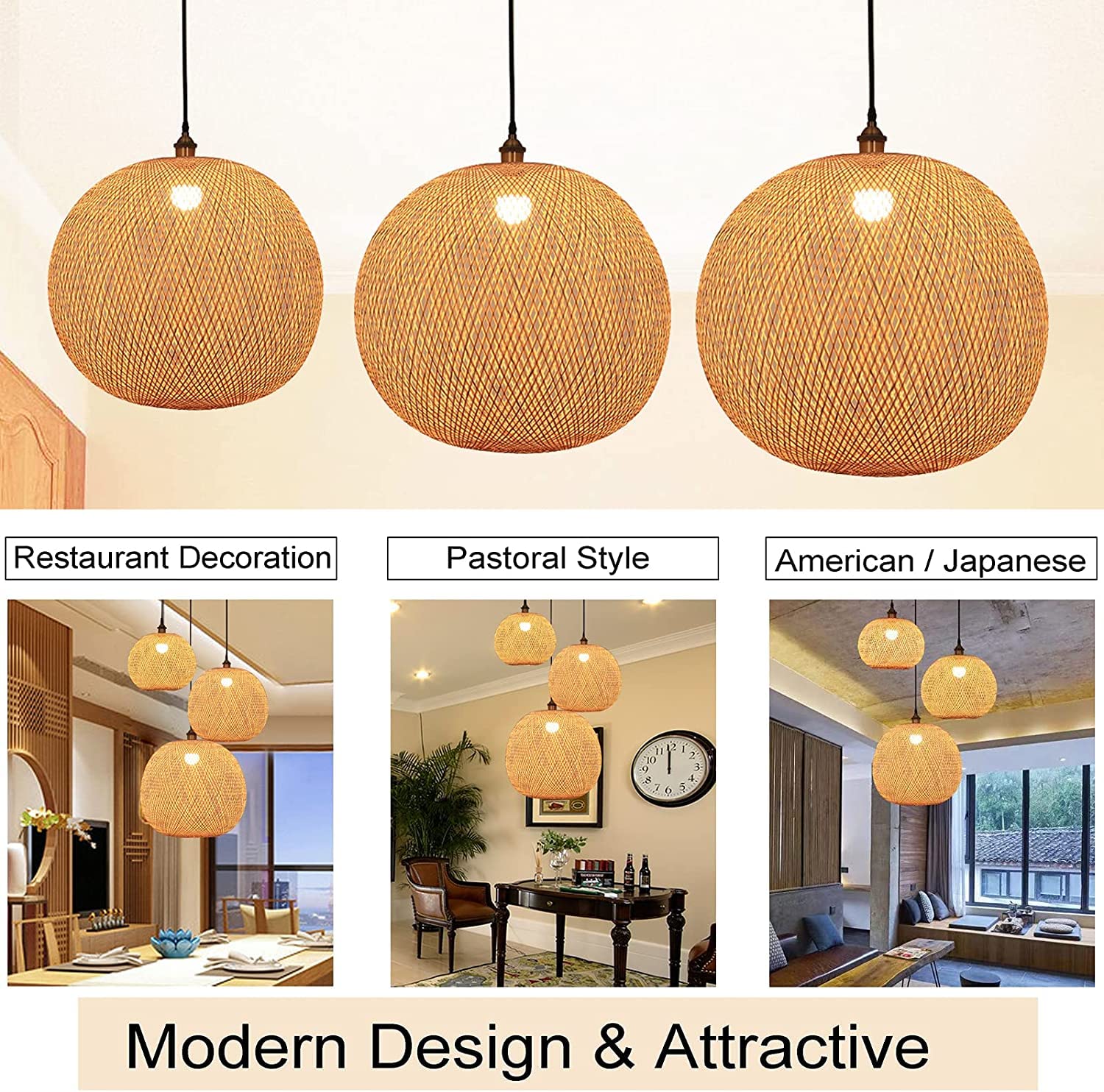 GCQ Bamboo Lantern Pendant Lamp - Retro Japanese Style E27 Chandelier Hanging Light Fixture for Ceiling - Perfect for Living Room, Bedroom, Restaurant, Cafe, Teahouse, Bar & Dining Room | Creates Cozy Ambient Lighting for Relaxation & Dining