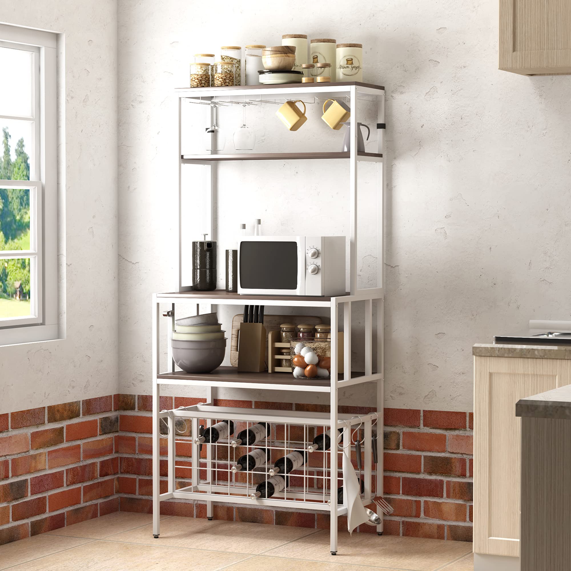 5-Tier Industrial Kitchen Microwave Stand - Freestanding Metal Baker's Rack with Spice Storage, Wine Rack, Glass & Cup Holders - Multi-Functional Storage Shelves for Kitchen, Pantry or Dining Room (Dark Brown) - Perfect for Small Space Organization & Entertaining