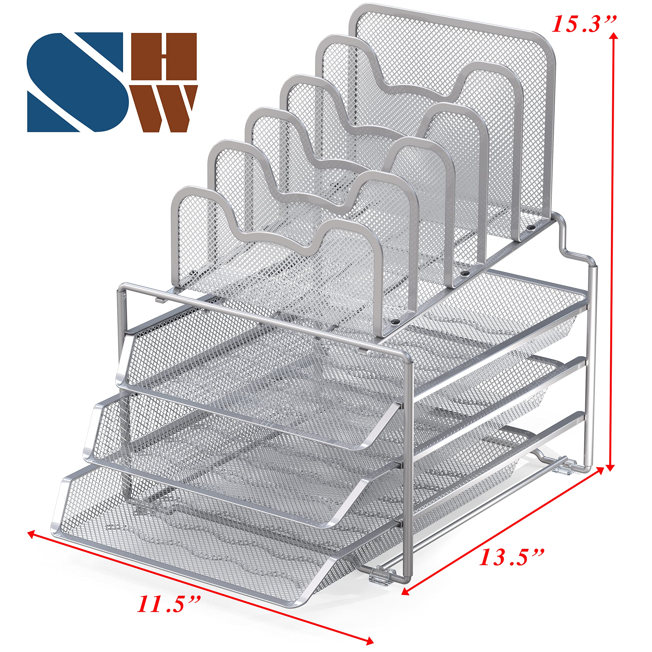 Silver 3-Tier Sliding Tray & 5-Section Stackable Desk Organizer - Office Supplies for Home & Office Workspace Organization (Perfect for Papers, Pens & Small Accessories)