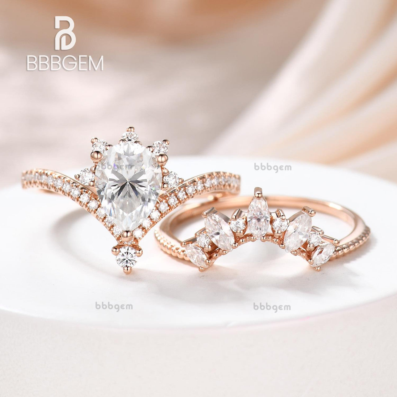 Vintage Pear Moissanite Ring Set - Diamond Curve Shaped Wedding Band - Royal Crown Fashion Jewelry for Engagement, Anniversary & Special Occasions