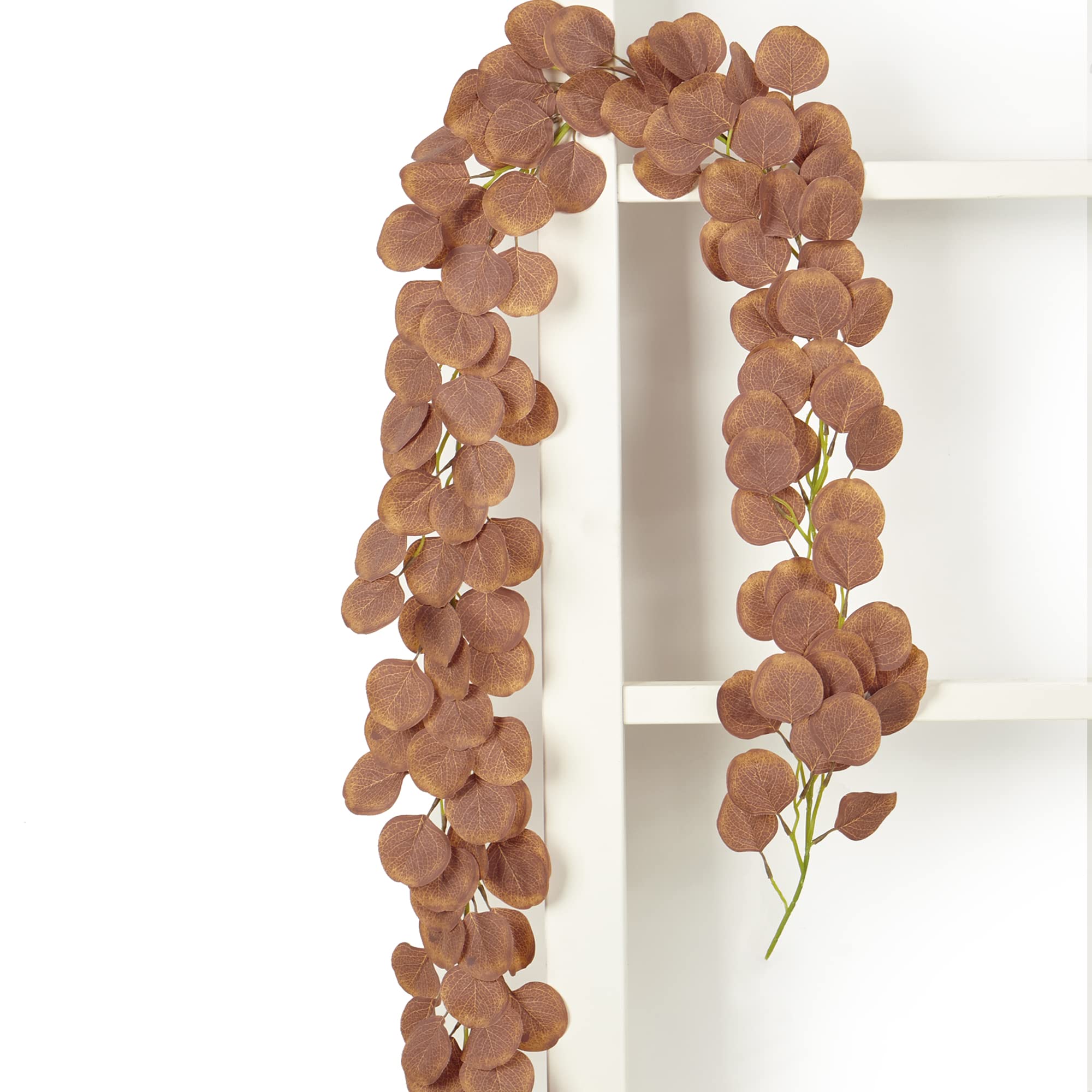 Artificial Eucalyptus Garland - 6ft Faux Greenery Vine with Realistic Eucalyptus Leaves for Fall Home Decor, Wedding Centerpieces, Baby Shower Decor, Wall & Room Aesthetics (Coffee Brown) - Perfect for Rustic Weddings, Farmhouse Decor & Seasonal Table Settings