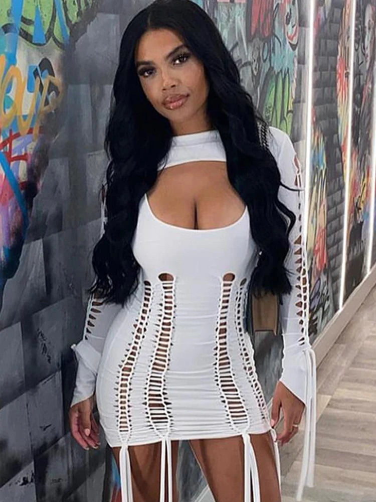 Y2K Neon Bandage Ruched Hollow Out Long Sleeve Backless Bodycon Mini Dress Set for Women | 2-Piece Clubwear | Perfect for Night Out, Party & Festival Fashion