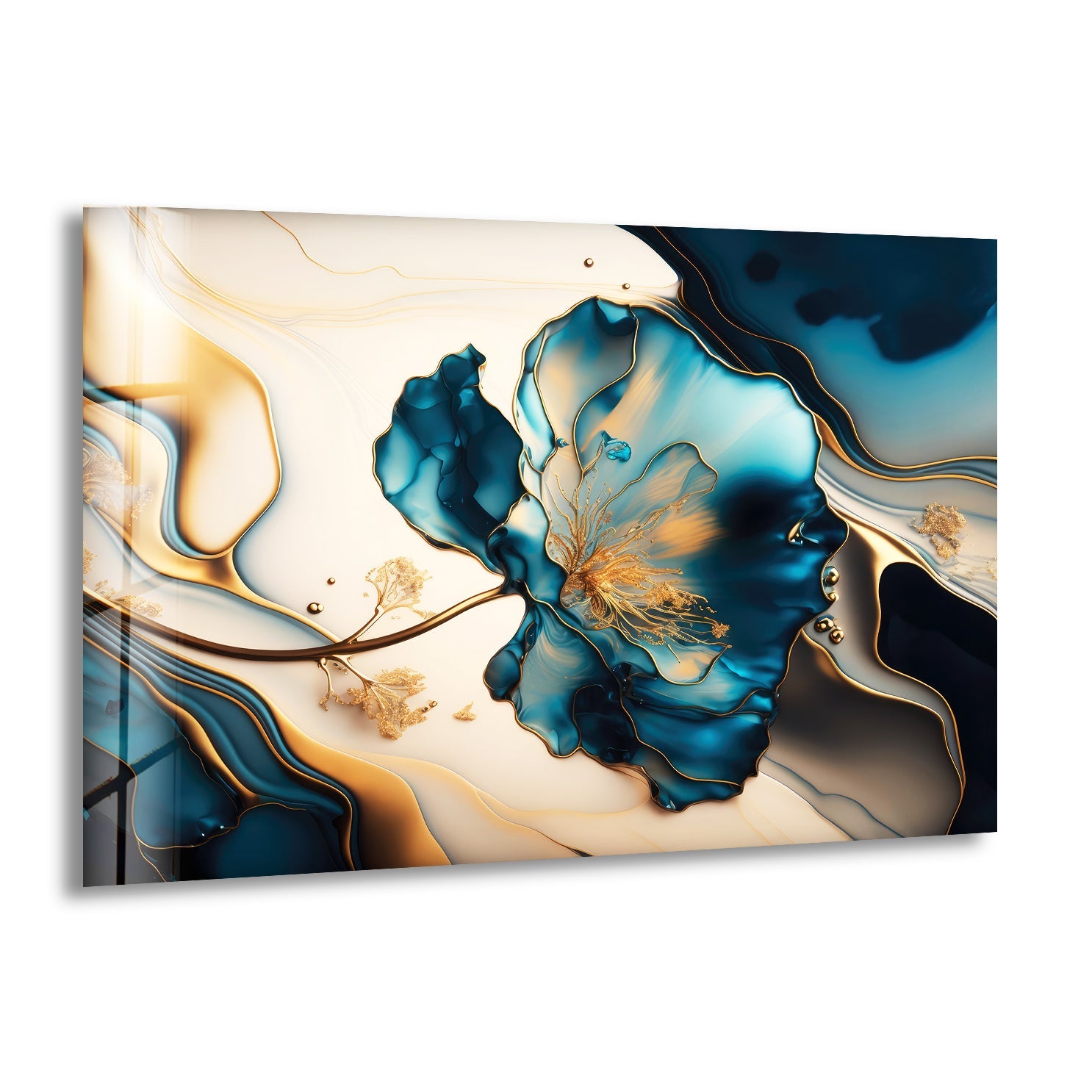 Blue Marble Flower Glass Wall Art - Elegant Handmade Home Decor for Living Room, Bedroom & Office - Perfect for Modern & Boho Interior Design
