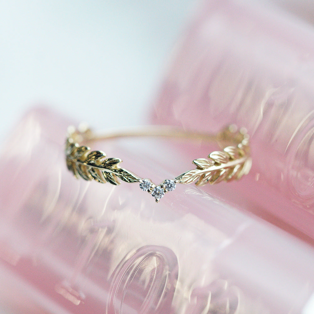 Dainty Gold Zircon Feather Leaf Ring for Women - Elegant 14K Gold Plated Leaf Design Ring with Cubic Zirconia Stones - Perfect for Weddings, Parties & Everyday Wear | TB572
