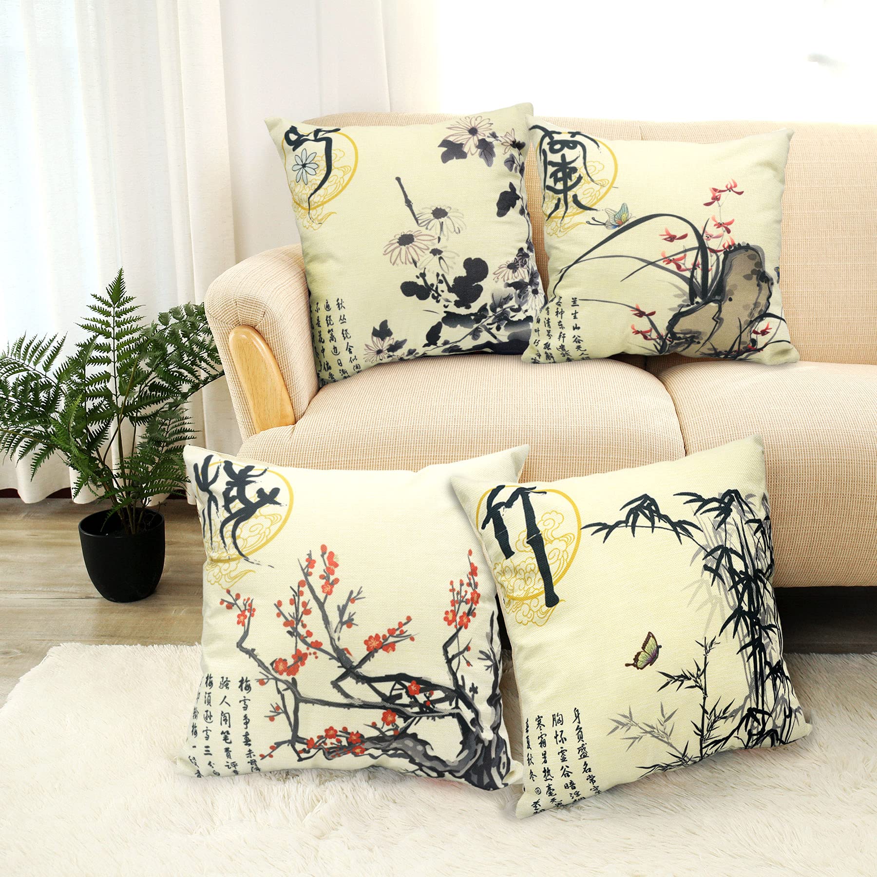 LIGICKY Set of 4 Farmhouse Decorative Throw Pillow Covers - 18x18 Inch Chinoiserie Ink Style Linen Pillow Cases for Sofa, Couch, Bed & Outdoor Decor - Perfect for Living Room, Patio and Home Styling