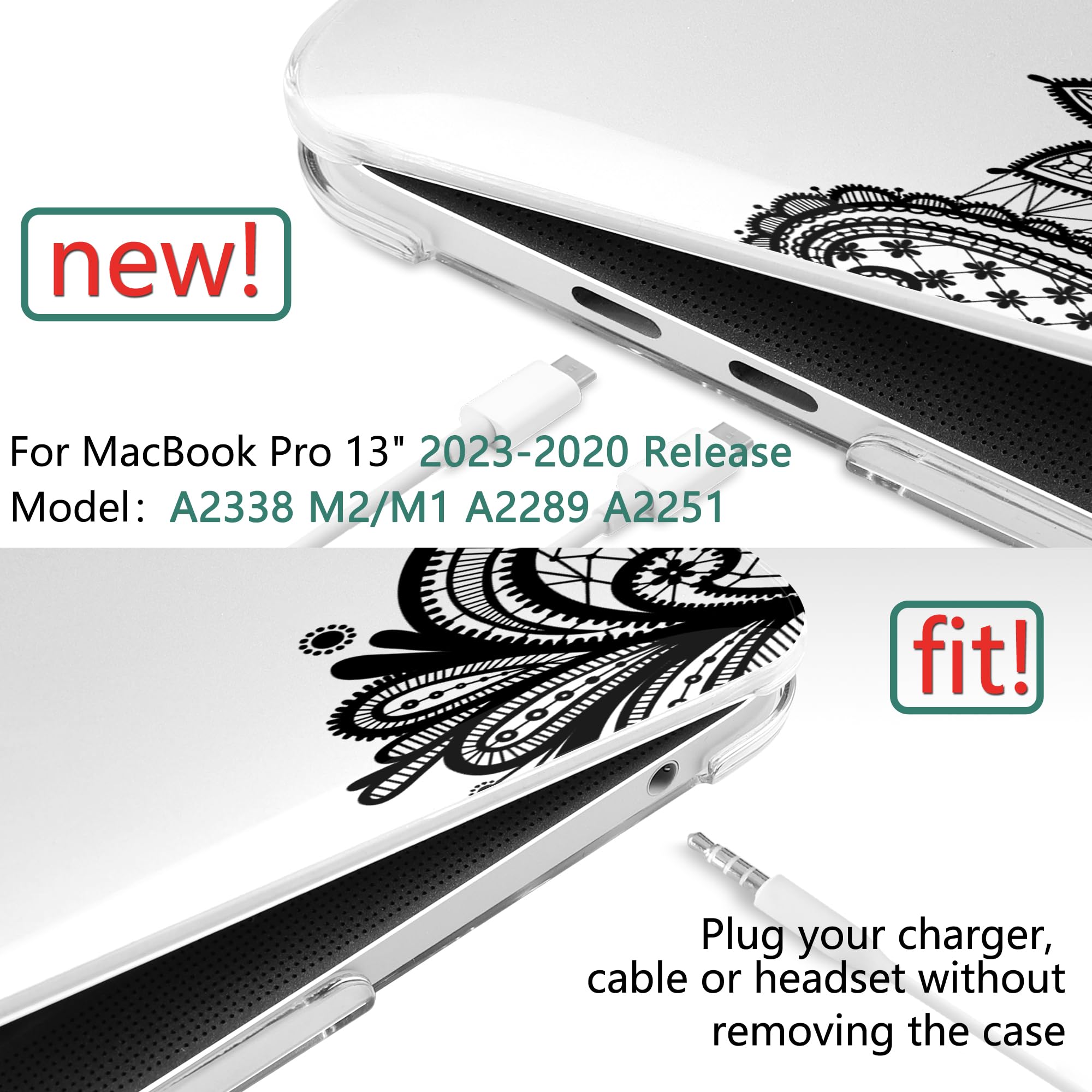 TwoL Hard Plastic Protective Case Cover for MacBook Pro 13 inch (2020-2022 Models A2338 M2/M1 A2289 A2251) with Keyboard Skin & Screen Protector - Fashion Lace Design | Perfect for Work, Travel, and Everyday Use