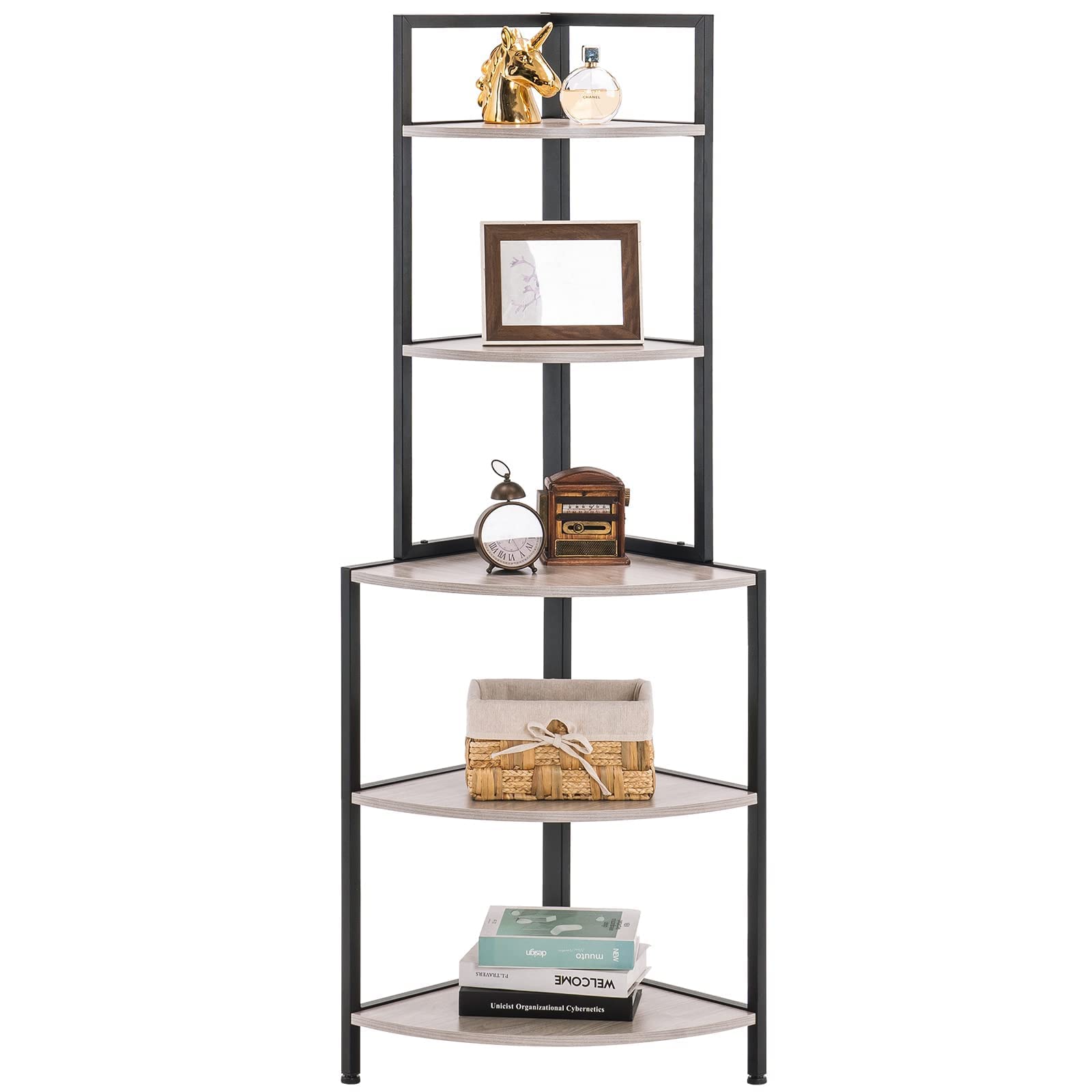 Apicizon 5-Tier Industrial Corner Bookshelf - Metal Frame Rustic Storage Shelf for Home Office, Kitchen & Small Spaces | Display Plants, Flowers & Books | Durable Grey Corner Shelving Unit for Living Room, Bedroom & Workspace