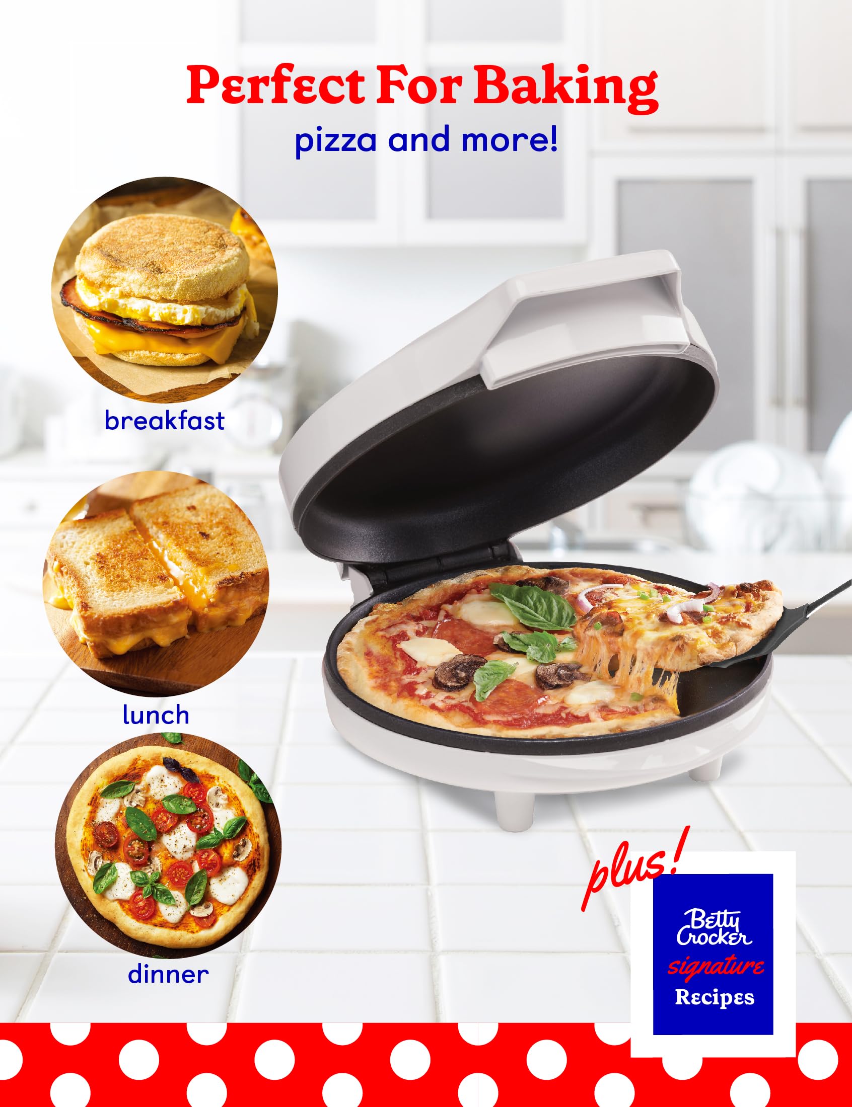 Betty Crocker 8-Inch Portable Pizza Maker - Electric Indoor Grill with Nonstick Pan & Insulated Travel Bag - Perfect for Pizzas, Quesadillas, Nachos - Ideal for Camping, Dorm Rooms & Quick Home Meals - White