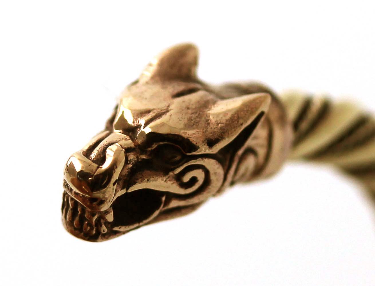 Viking Fenrir Wolf Head Twisted Cable Bangle Cuff Bracelet - Norse Pagan Jewelry for Men & Women - Perfect for LARP, Cosplay, and Viking Theme Events