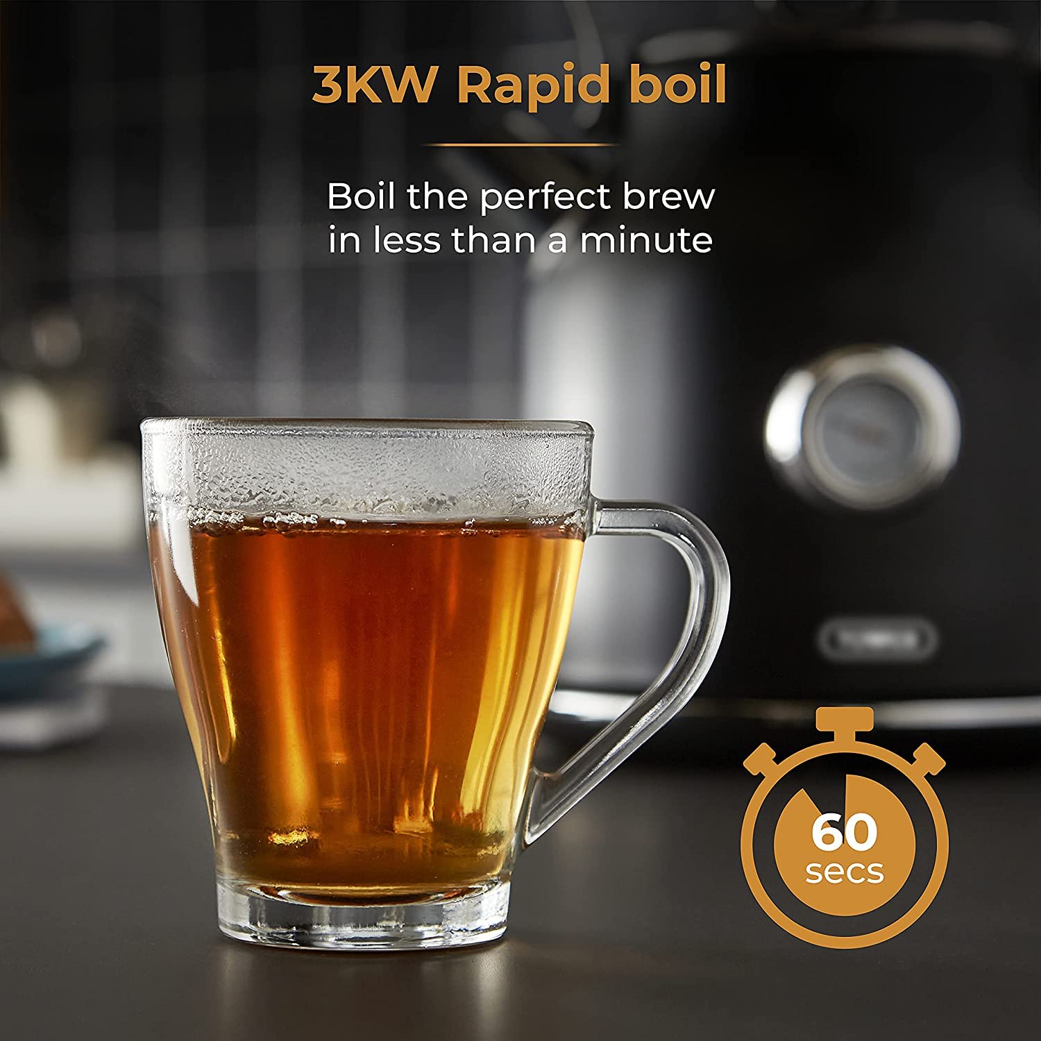 RKW Tower Renaissance Black 3KW 1.7L Electric Kettle & 4 Slice 1630W Toaster Set - Modern Kitchen Appliance Combo for Breakfast, Tea, and Coffee Making - Perfect for Home, Office, and Dorm Use