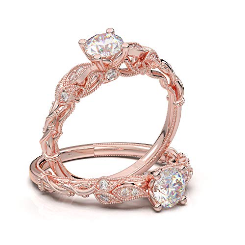 14K Rose Gold Floral Engagement Ring with Filigree & Milgrain Detailing - Vintage Inspired Moissanite Tree Ring (Forever One Colorless) - Perfect for Weddings, Proposals & Anniversary Gifts
