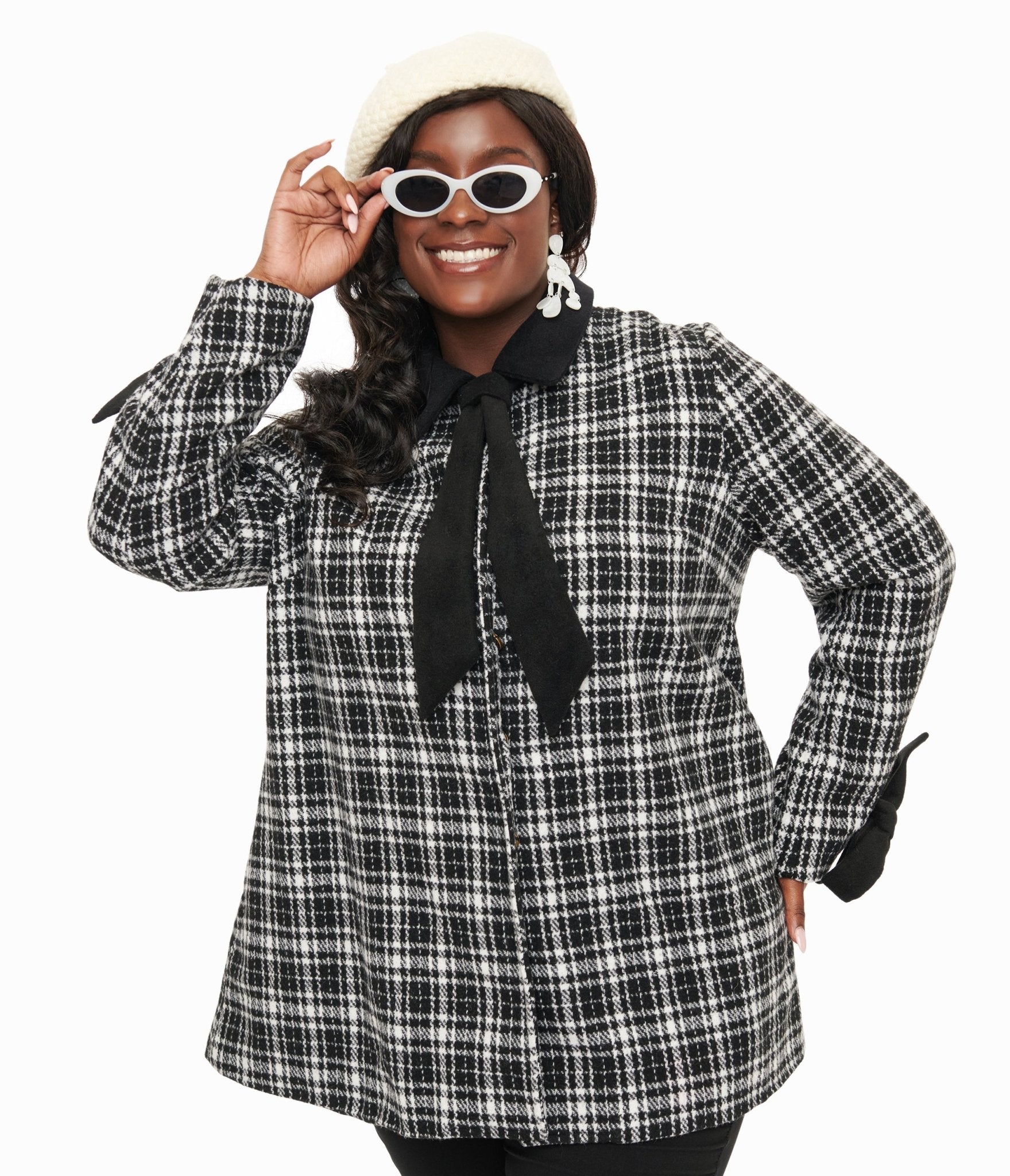 Stylish Smak Parlour Black & White Plaid Bow Coat for Women | Trendy Winter Topper for Office & Date Nights