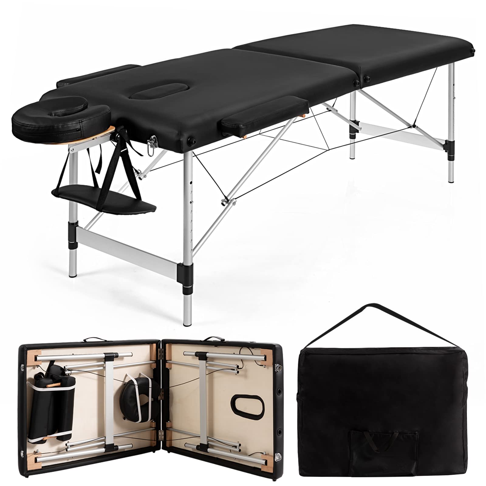 WELLHUT Portable Folding Massage Table - Adjustable Height Spa Bed with Armrests & Headrest for Salon, Lash Extensions, Tattoo & Therapy | Includes Face Cradle & Carrying Bag | Perfect Gift for Women & Professionals | Ideal for Home Use, Mobile Services & Spa Businesses (Black)