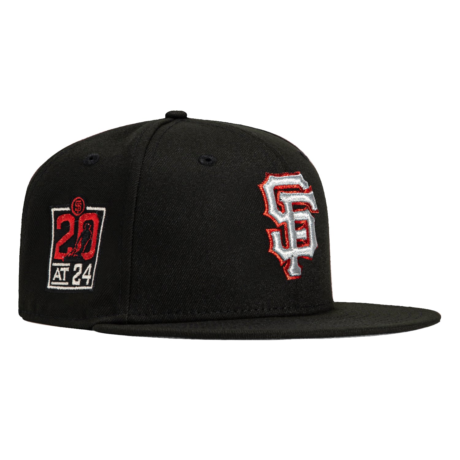 New Era 59Fifty San Francisco Giants 20th Anniversary Patch Snapback Hat - Black, Metallic Silver, Red - Perfect for Baseball Games, Fan Collections & Streetwear Fashion