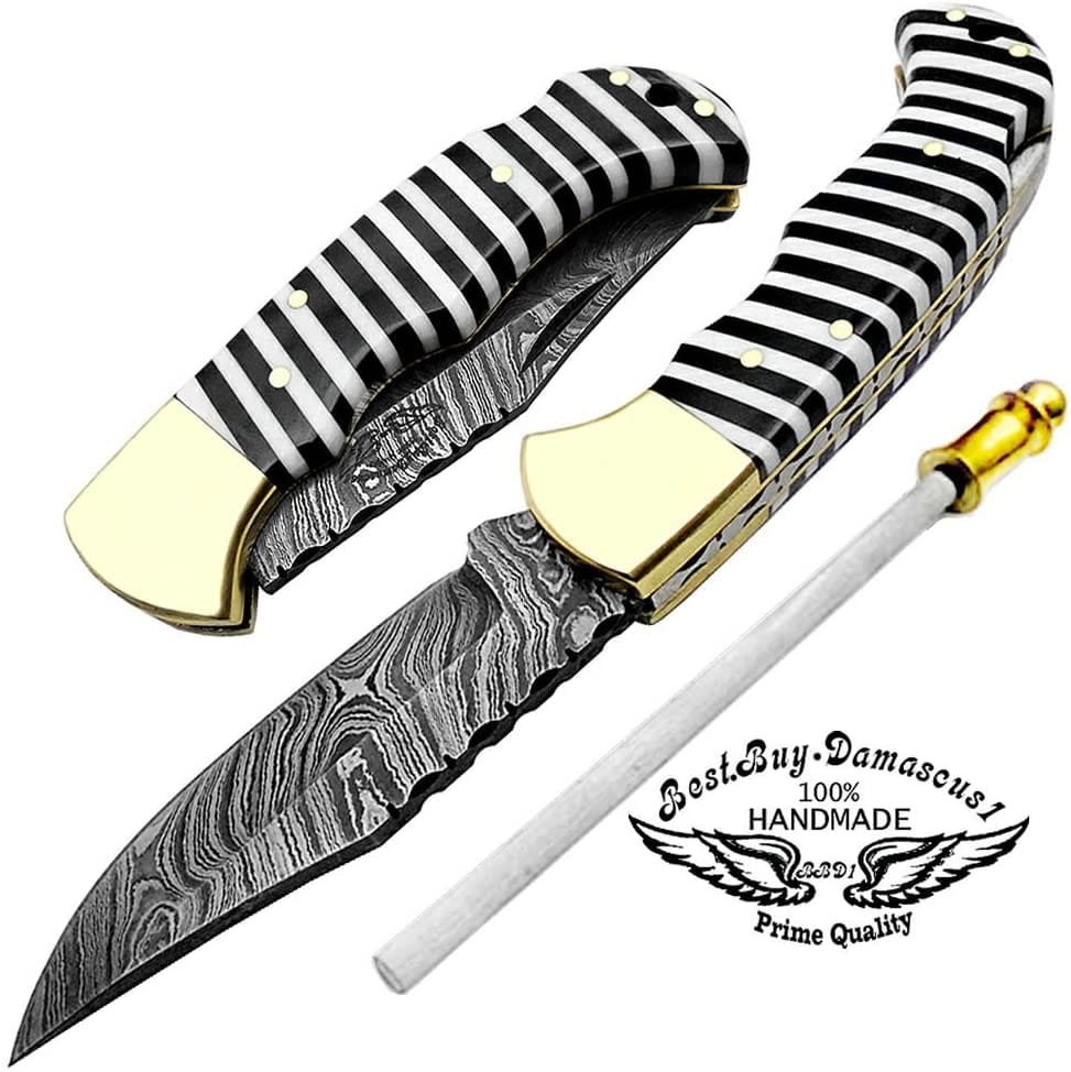 Premium Damascus Steel Pocket Knife - Black & White Small Lines Design, 6.5 Inch Folding Knife | EDC, Camping, Hiking & Outdoor Survival Gear