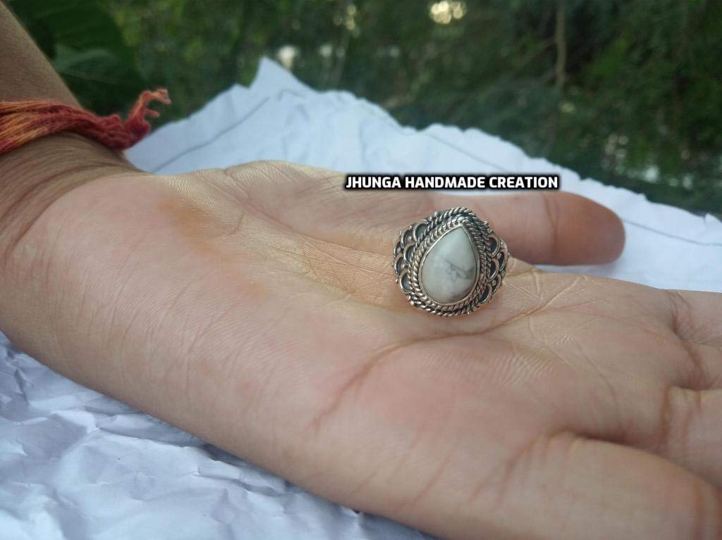 Healing White Howlite Ring - 925 Sterling Silver Bohemian Gypsy Ring, Vintage Southwestern Style with Turquoise Accents - Perfect Promise Ring, Buffalo Ring & Bridesmaid Gift for Women (Ideal for Spiritual Healing, Boho Fashion & Special Occasions)