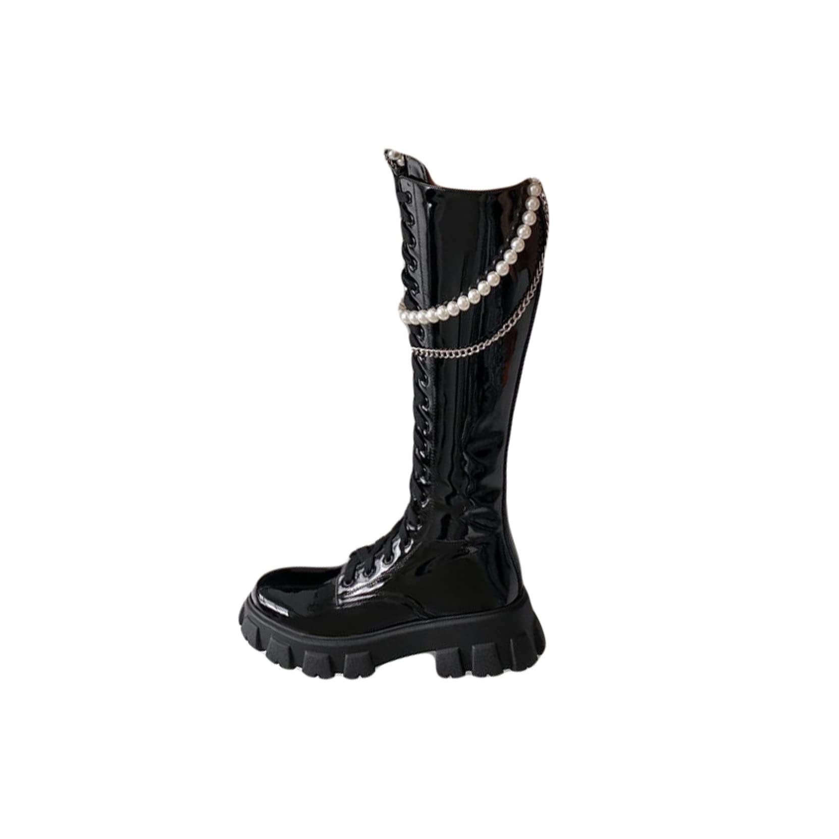 Women's Patent Leather Knee High Boots with Pearl Chain Detail - Chunky Block Heel Platform Goth Boots for Winter Riding, Lace-Up & Side Zipper - Perfect for Gothic Fashion, Night Out & Cold Weather Outfits