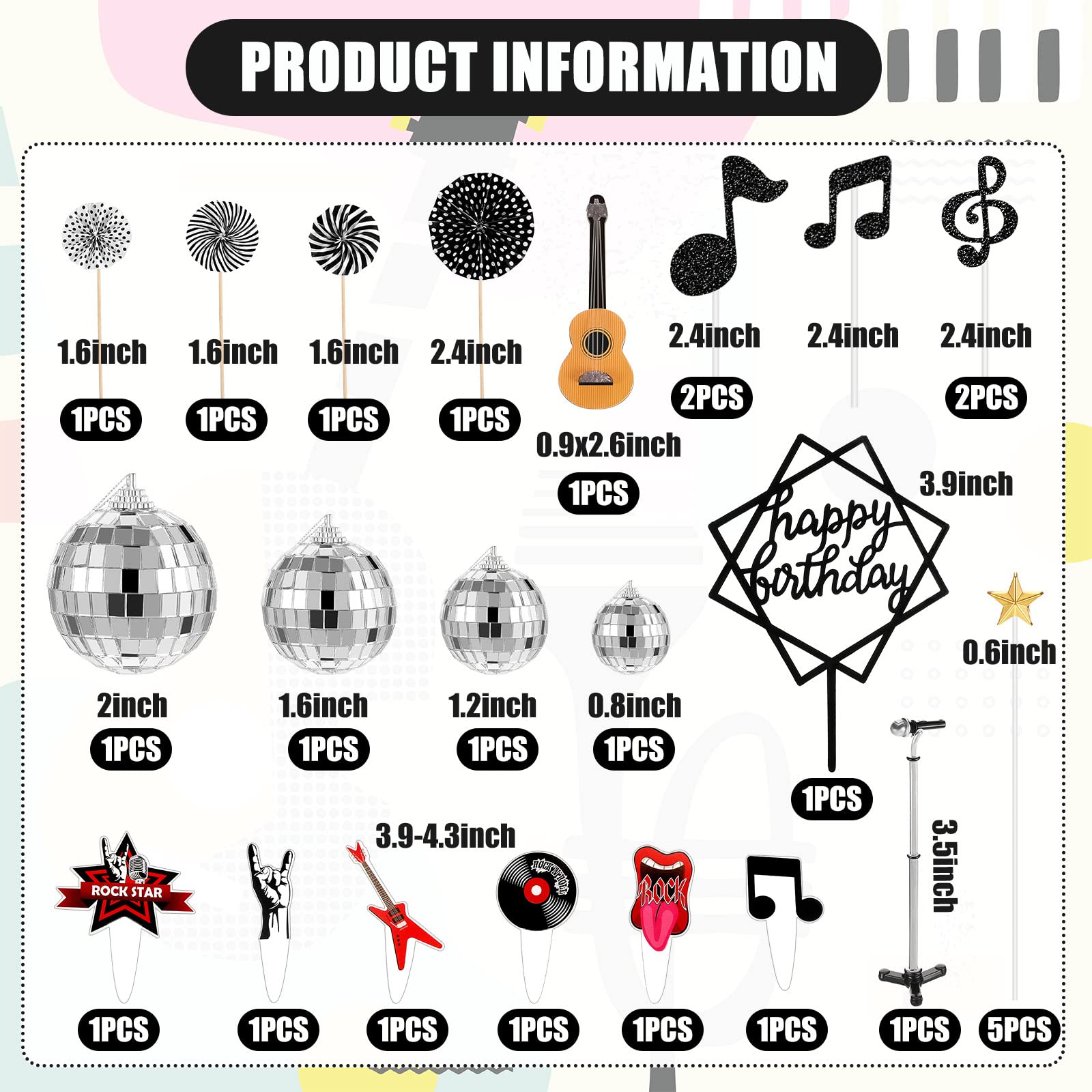 28-Piece Rock and Roll Cake Topper Set - Guitar, Microphone, Music Note & Disco Ball Cupcake Toppers for Musical Birthday Party Decorations | Perfect for Rock Theme Cakes, Cupcakes, and Dessert Tables