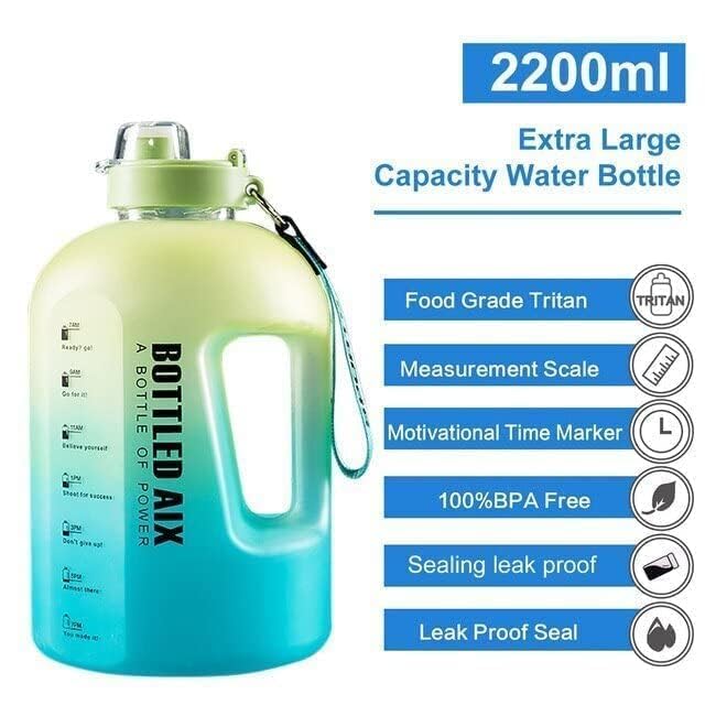 RELEMTRA 2.2L Large Water Bottle with Time Marker - Gradient Sports Water Bottle with Strap & Wide Mouth for Ice Cubes - Perfect for Outdoor Activities, Gym Workouts & Hiking (Green)