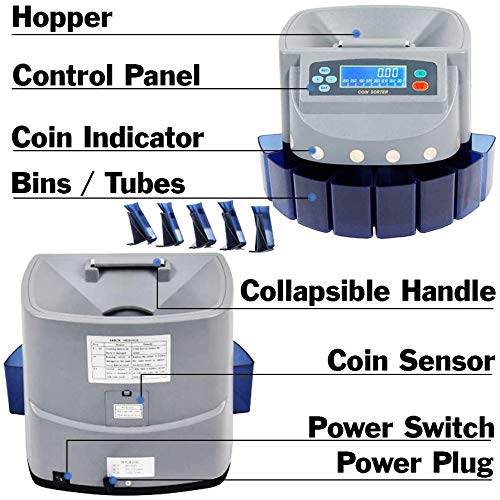 EX ELECTRONIX EXPRESS Electronic USD Coin Sorter and Counter with LCD Display - High-Speed 270 Coins/Min Sorting for Wrappers & Bins, Includes Coin Wrapper Tubes | Perfect for Banks, Retail Stores, and Home Coin Organizing