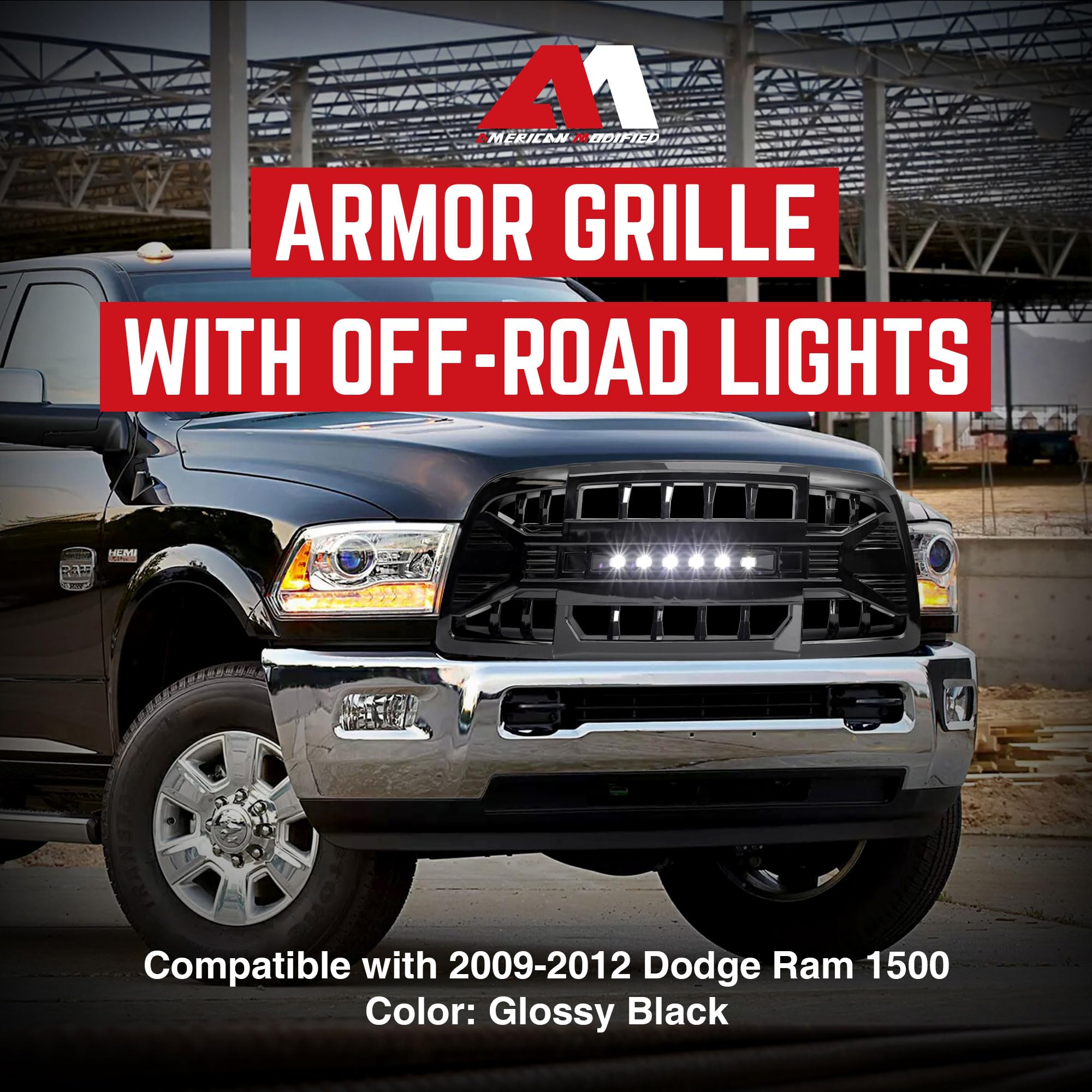 2009-2012 Dodge Ram 1500 Off-Road Grille with LED Lights | Glossy Black Armor Grille Replacement | Enhanced Front End Protection for Truck Enthusiasts | Perfect for Off-Roading, Truck Shows & Daily Driving