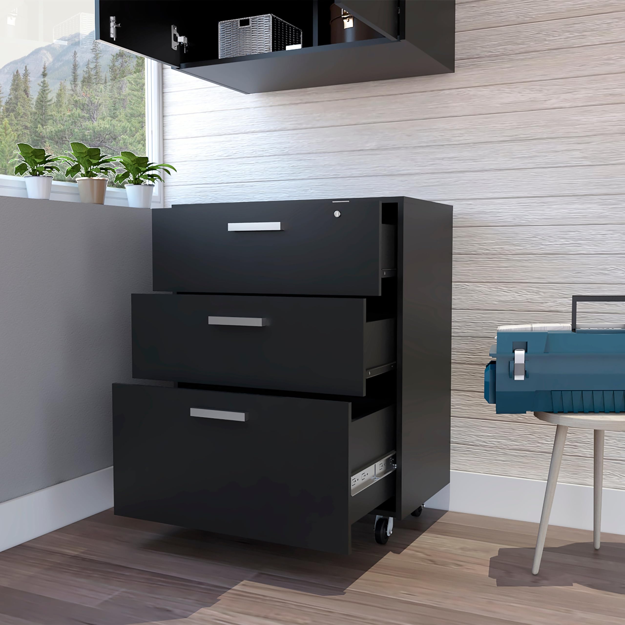 Tuhome Black Storage Base Cabinet with 3 Drawers, Casters, Mobile & Soft Close - Full Extension for Kitchen, Bathroom or Office Organization