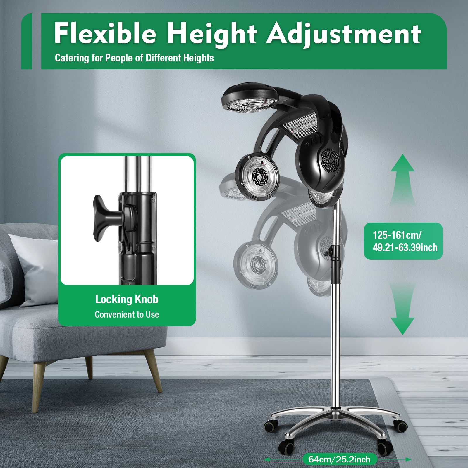1400W Professional Salon Hair Dryer with Smooth Wheels - Adjustable Stand Hood Dryer for Home & Salon Use - Perfect for Styling, Drying & Hair Treatments - Black