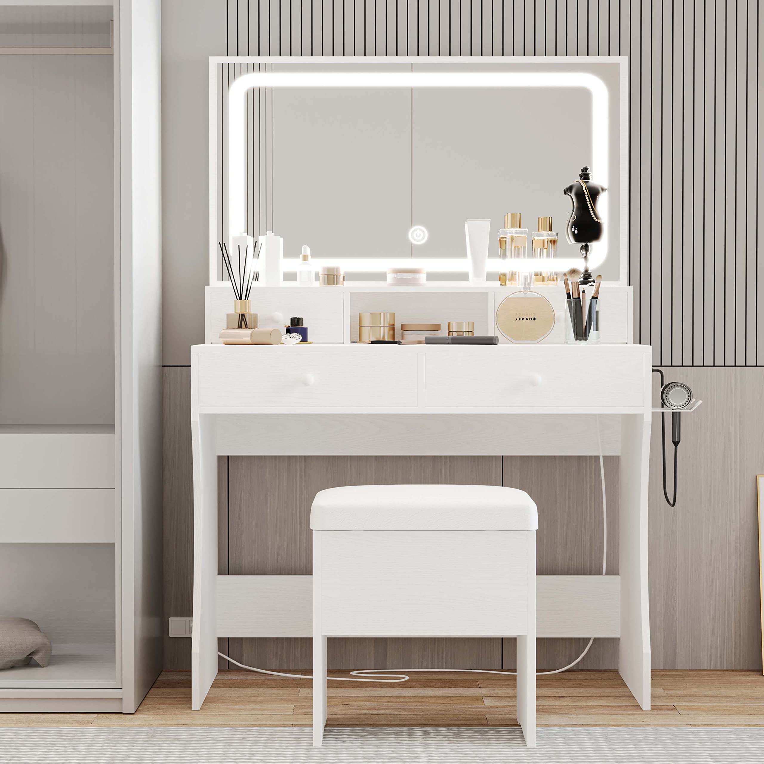 LIKIMIO Vanity Desk with LED Lighted Mirror, Power Outlet & 4 Drawers - White Makeup Dressing Table Set with Storage Stool & Hair Dryer Holder | Perfect for Bedroom, Dorm Room & Beauty Salon Organization