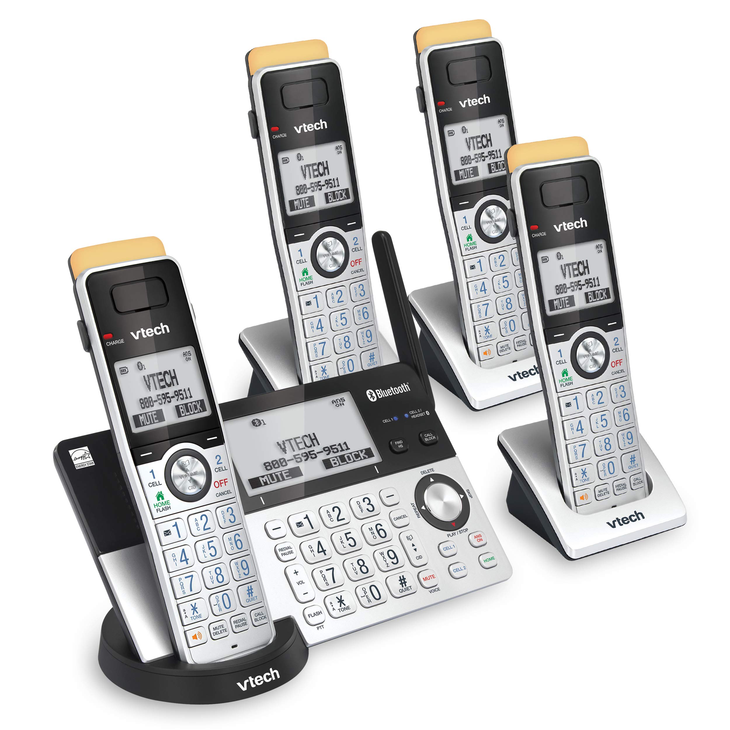 VTech IS8151-4 Super Long Range 4 Handset Cordless Phone System with Answering Machine - 2300 ft Wireless Range, Call Blocking, Bluetooth Connectivity, Headset Jack & Power Backup - Expandable to 12 Handsets (Silver/Black) for Home Office & Large Houses