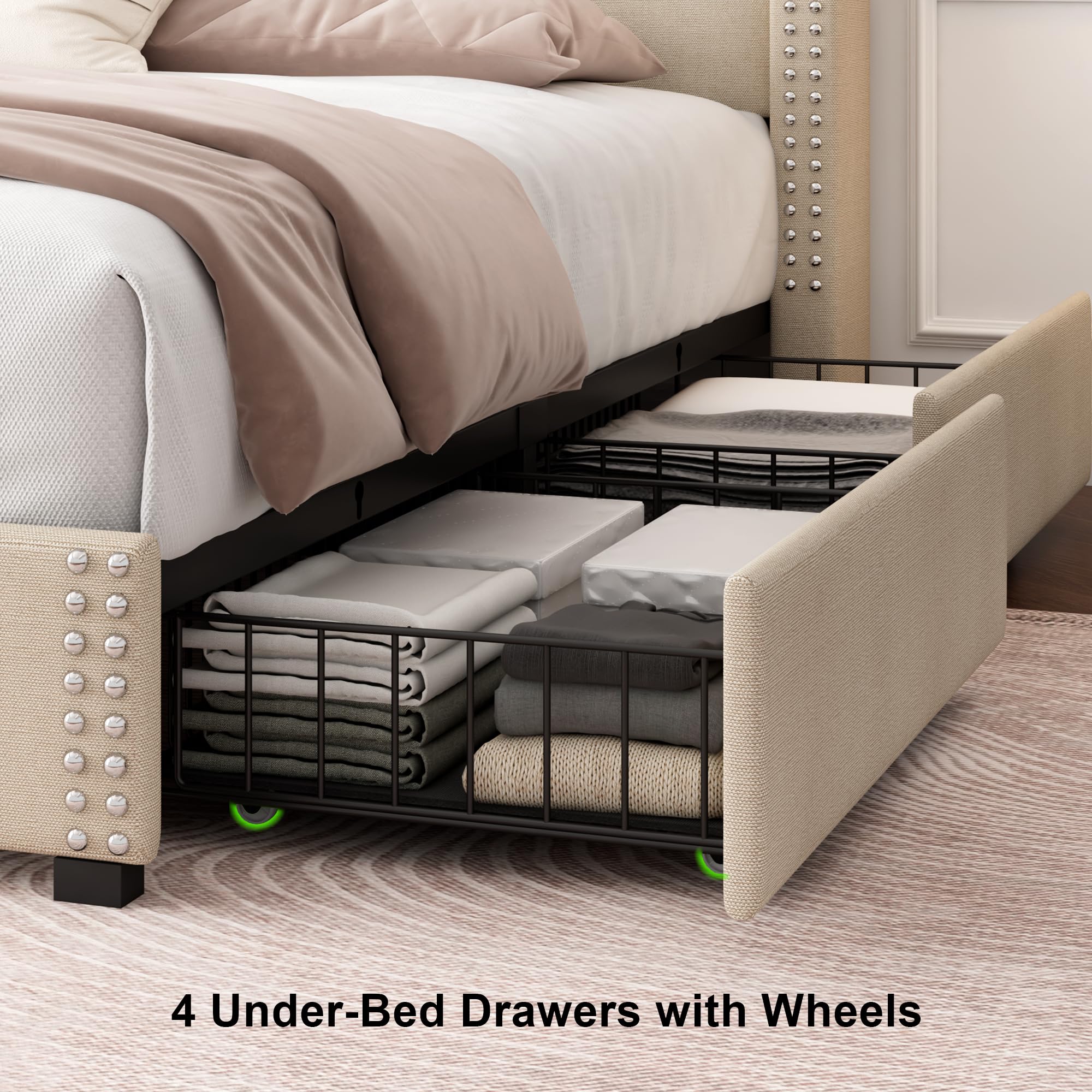**Feonase Full Size Bed Frame with 4 Storage Drawers & USB Charging Station - Upholstered Platform Bed with Wingback Headboard, Solid Wood Slats, No Box Spring Needed, Noise-Free, Beige - Perfect for Small Bedrooms, Guest Rooms & Apartments**