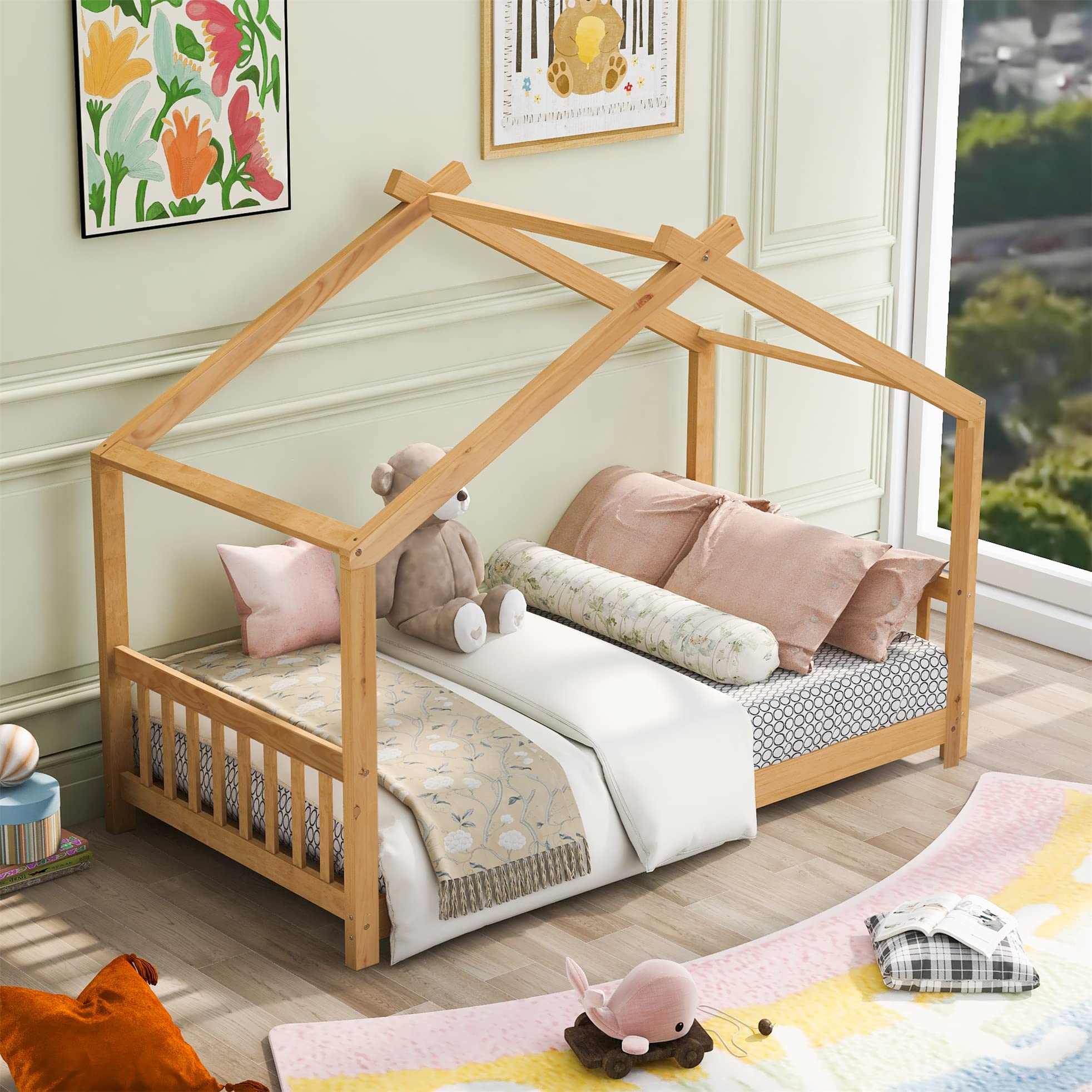 Harper & Bright Designs Wooden Twin House Bed for Kids - Natural Wood Toddler Bed Frame with Headboard & Footboard, Montessori Style Platform Bed, No Box Spring Needed - Perfect for Nursery, Bedroom & Playroom Decor