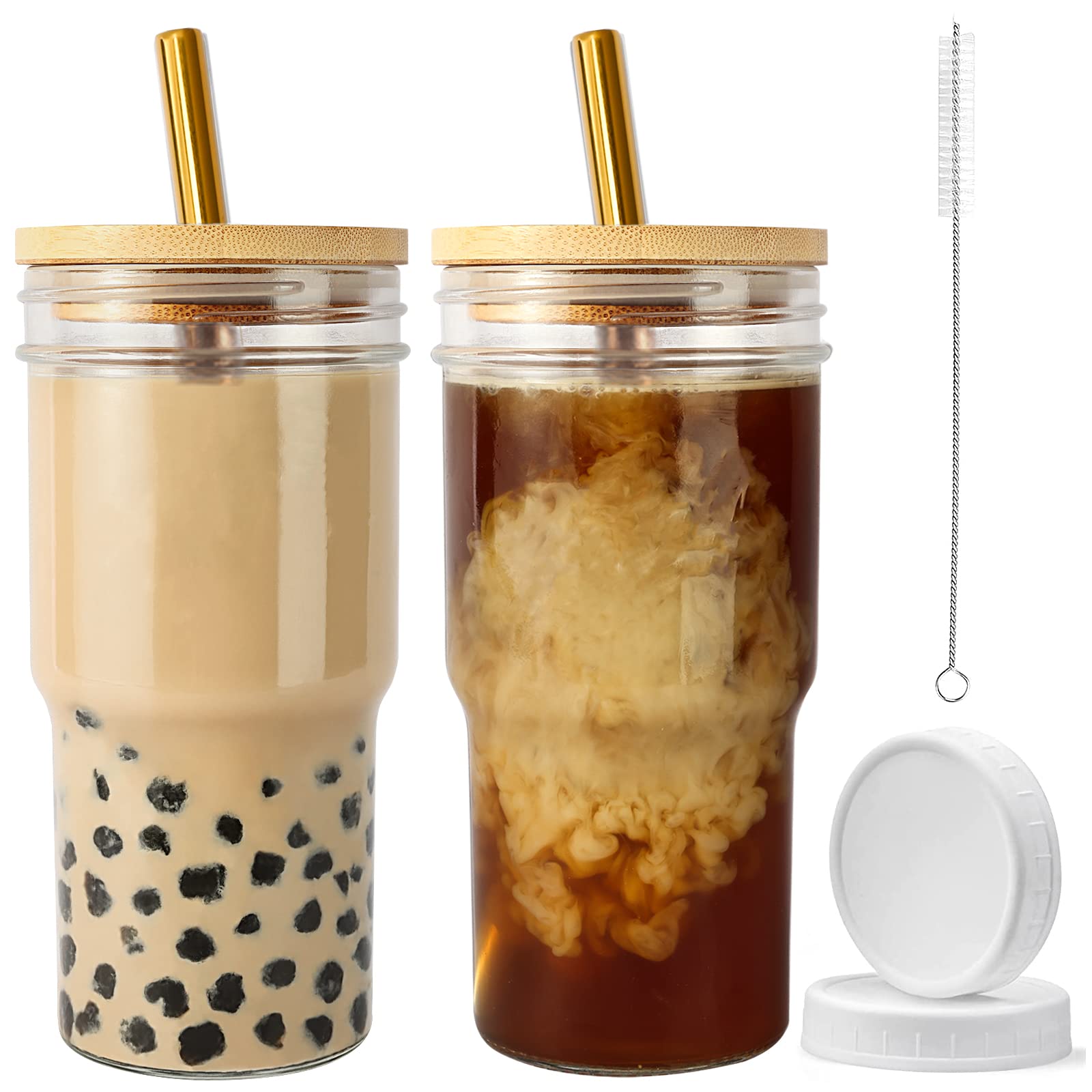 Reusable 22oz Glass Boba Tumbler with Bamboo Lid & Straw - 2 Pack Wide Mouth Mason Jars for Bubble Tea, Iced Coffee & Smoothies - Perfect for Home, Office & Outdoor Use (Gold Straws Included)