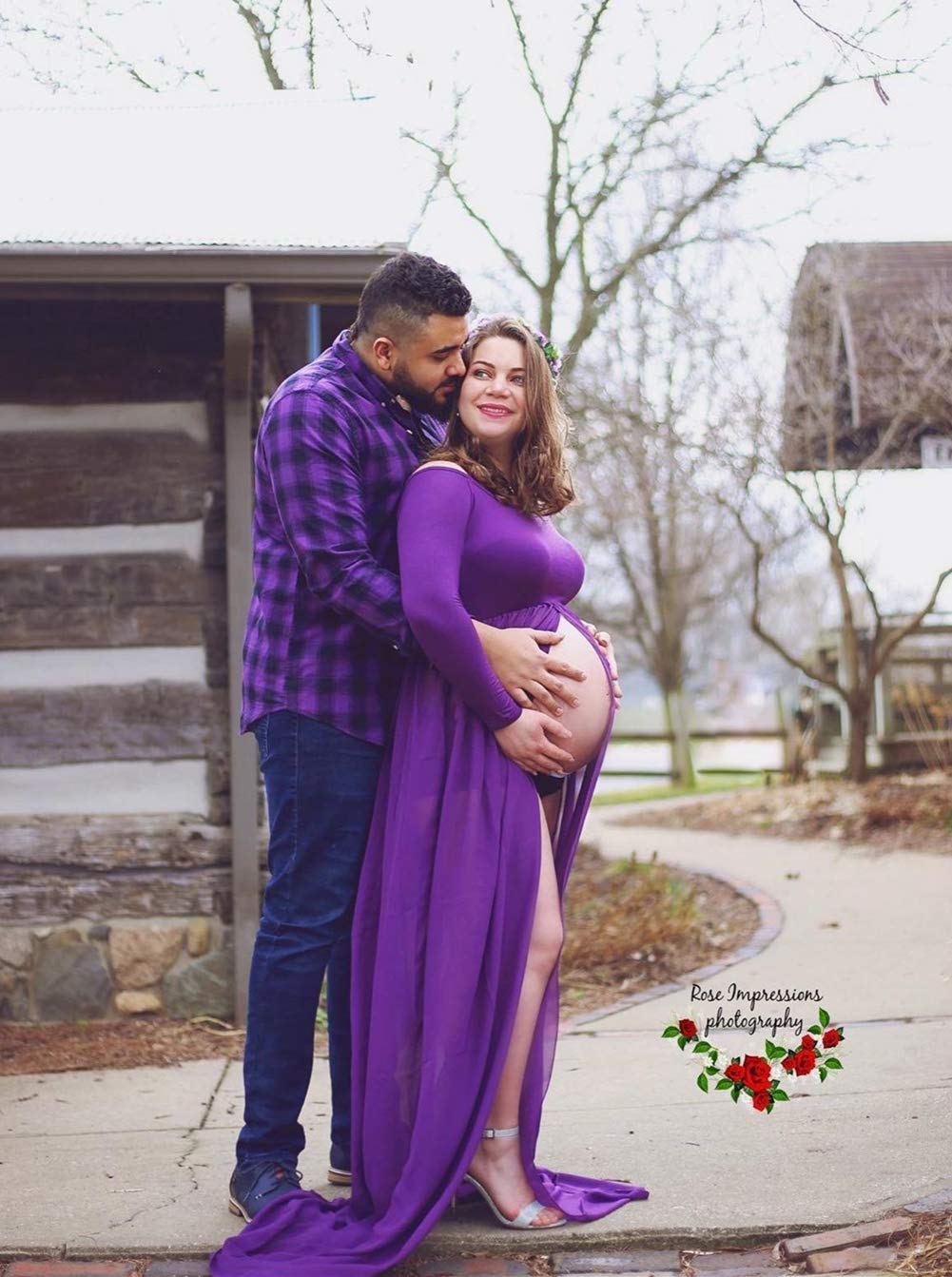 ZIUMUDY Maternity Maxi Chiffon Dress for Photoshoot - Elegant Split Front Gown for Pregnancy Photography, Baby Shower & Maternity Portraits