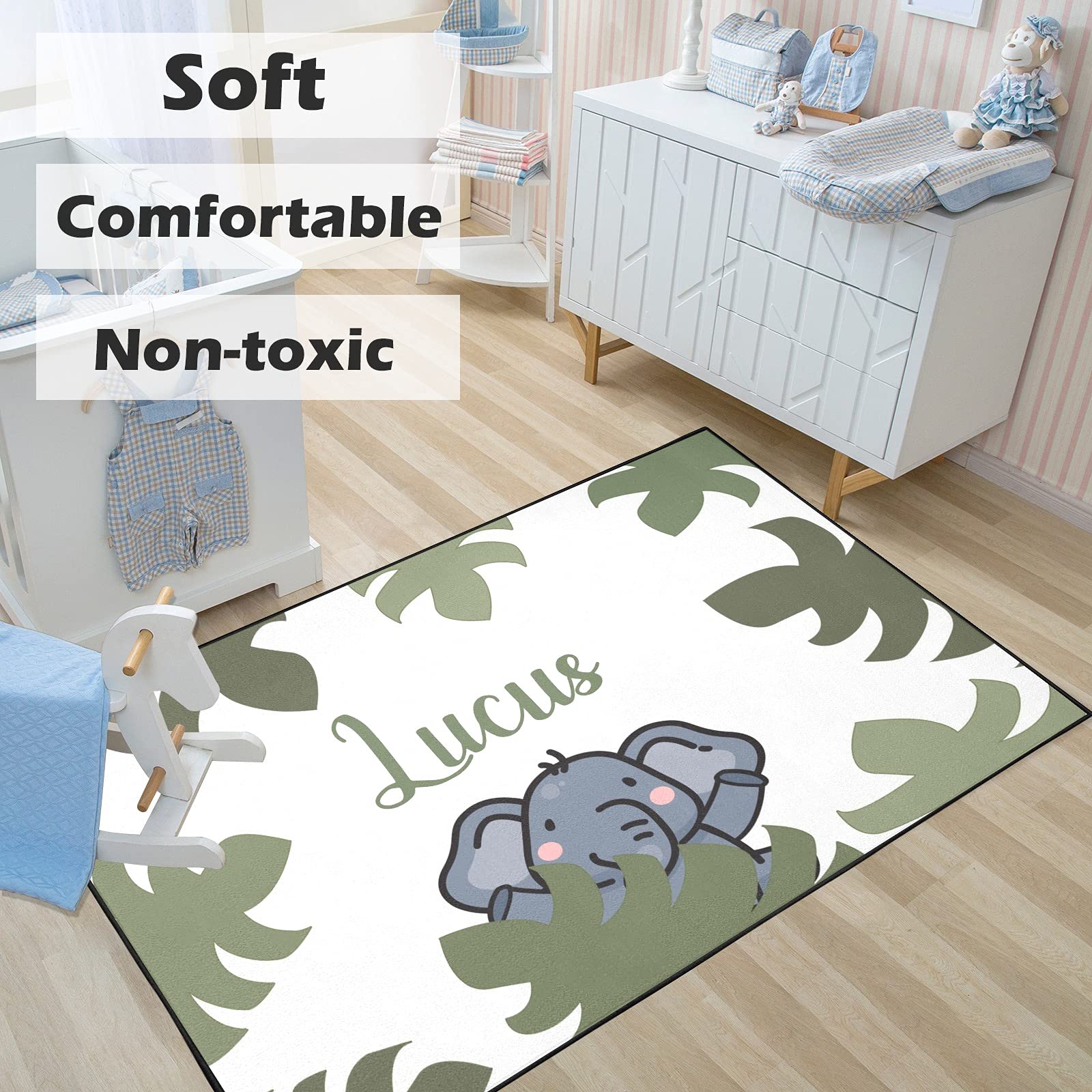 Personalized Elephant & Leaves Baby Play Mat - Non-Toxic 5.2'x7.5' Nursery Rug for Girls & Boys - Custom Kids Room Decor Gift for Playroom, Bedroom & Daycare - Perfect for Crawling, Tummy Time & Learning Activities