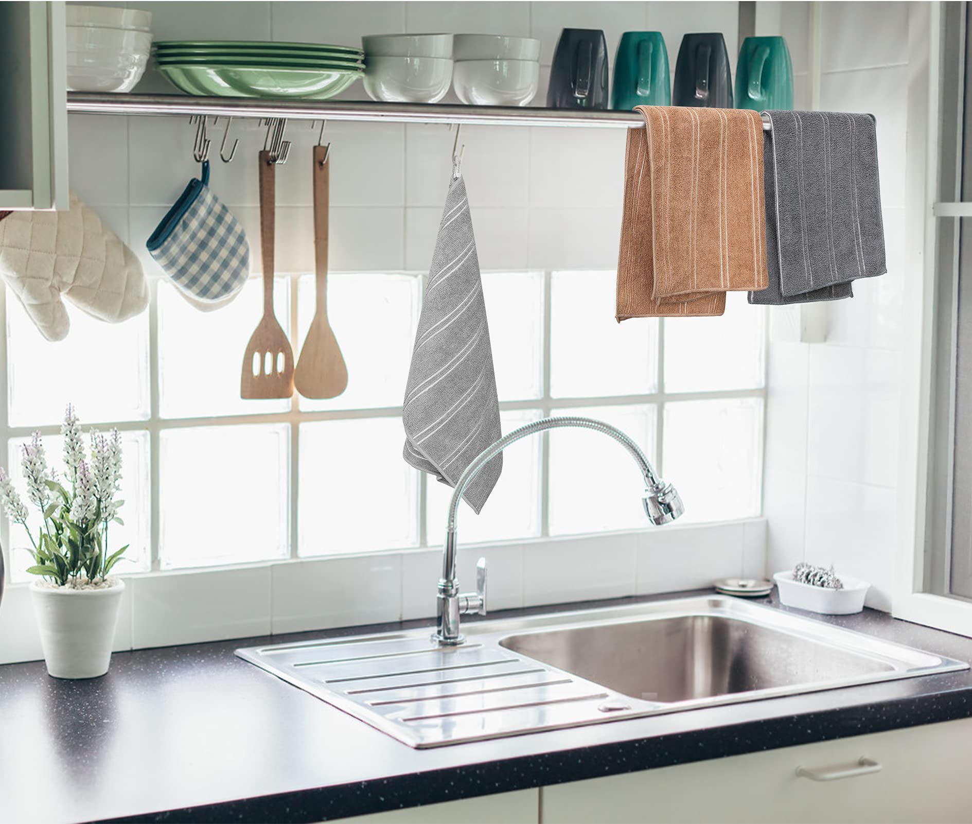 Joybest Microfiber Kitchen Towels Set - 8 Pack Super Soft & Absorbent Dish Towels (26x18 Inch) with Hanging Loop, Stripe Design Dark Grey - Perfect for Drying Dishes, Cleaning Countertops & Kitchen Decor