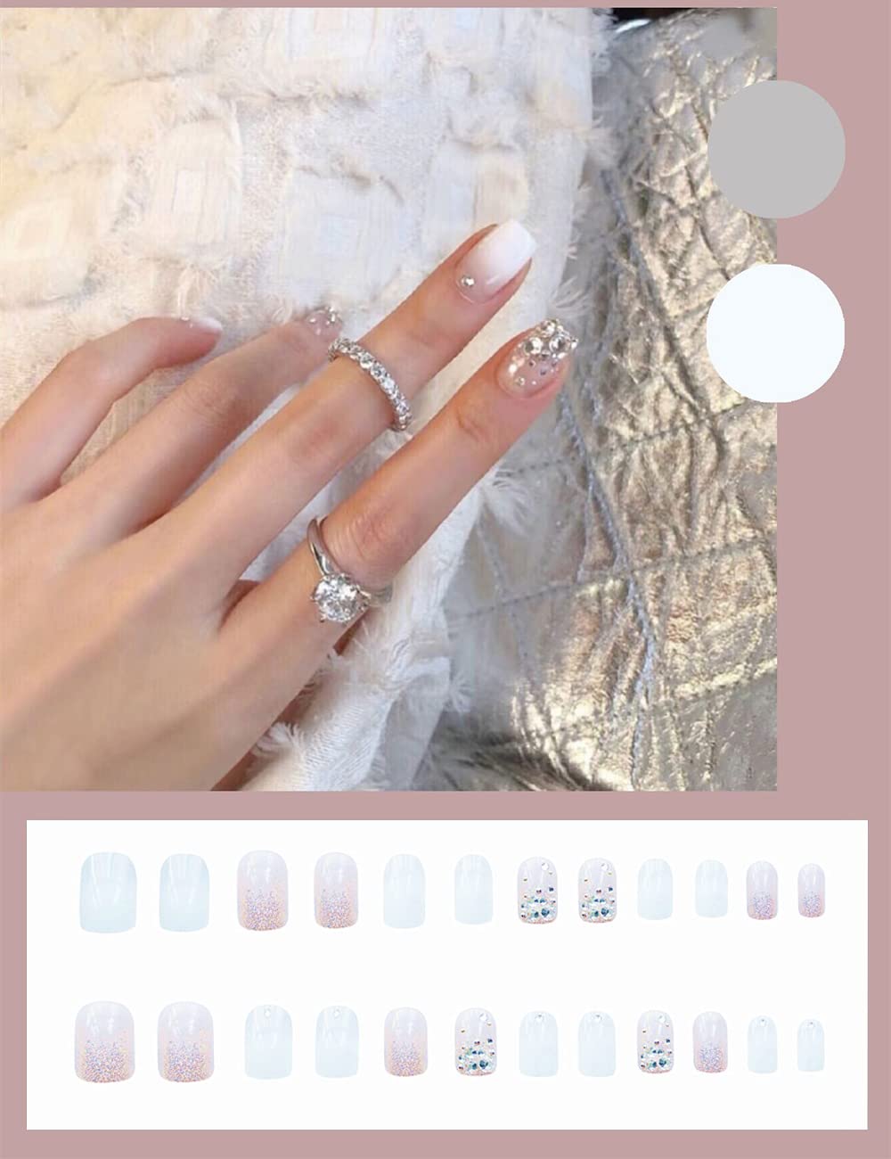 Aimimier 24Pcs Short Square False Nails with Rhinestone White Ombre - Press on Nails with Glue & Stickers - Salon Quality Acrylic Fake Nails for Women & Girls - Perfect for Parties, Weddings & Special Occasions