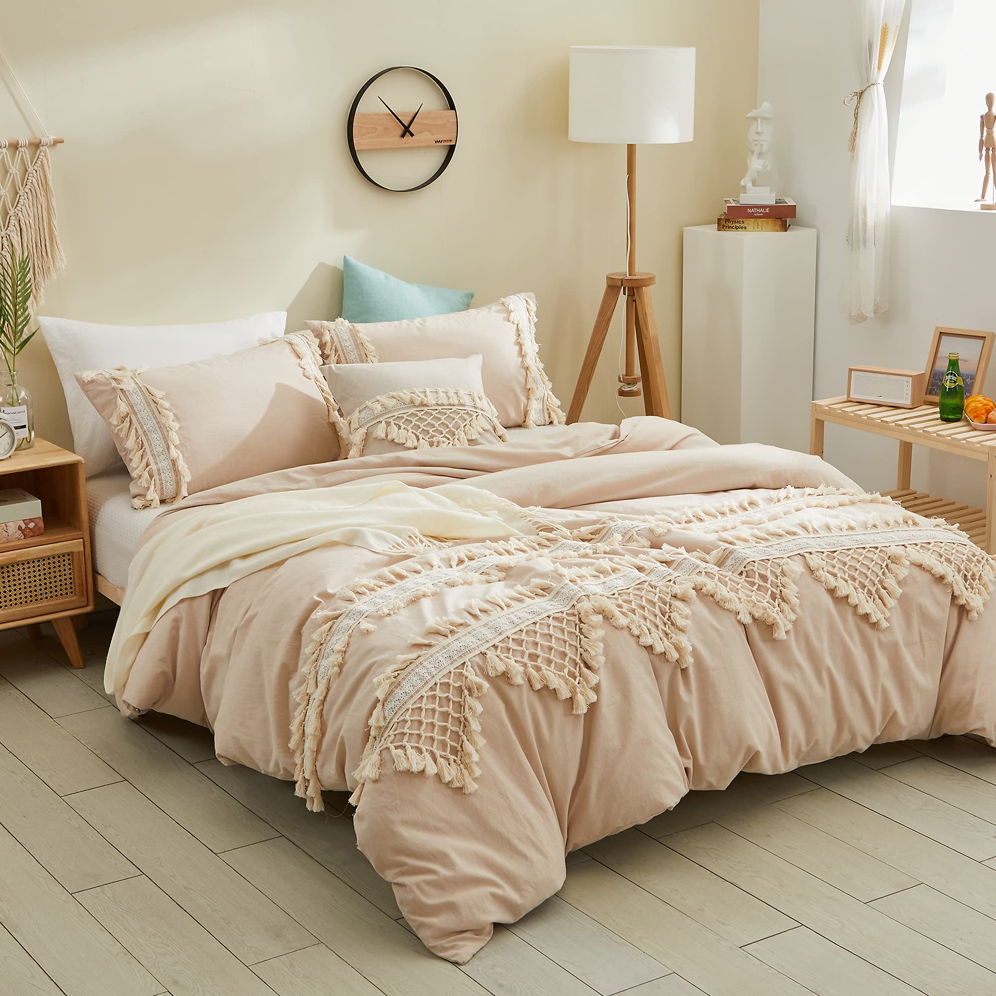 Softta Vintage 3-Piece Duvet Cover Set - 100% Washed Cotton with Elegant Ruffle Lace & Hidden Zipper - Triangle Tassel Fringe Design - California King Size - Light Camel Tan - Perfect for Boho Chic Bedrooms, Guest Rooms & Cozy Home Decor