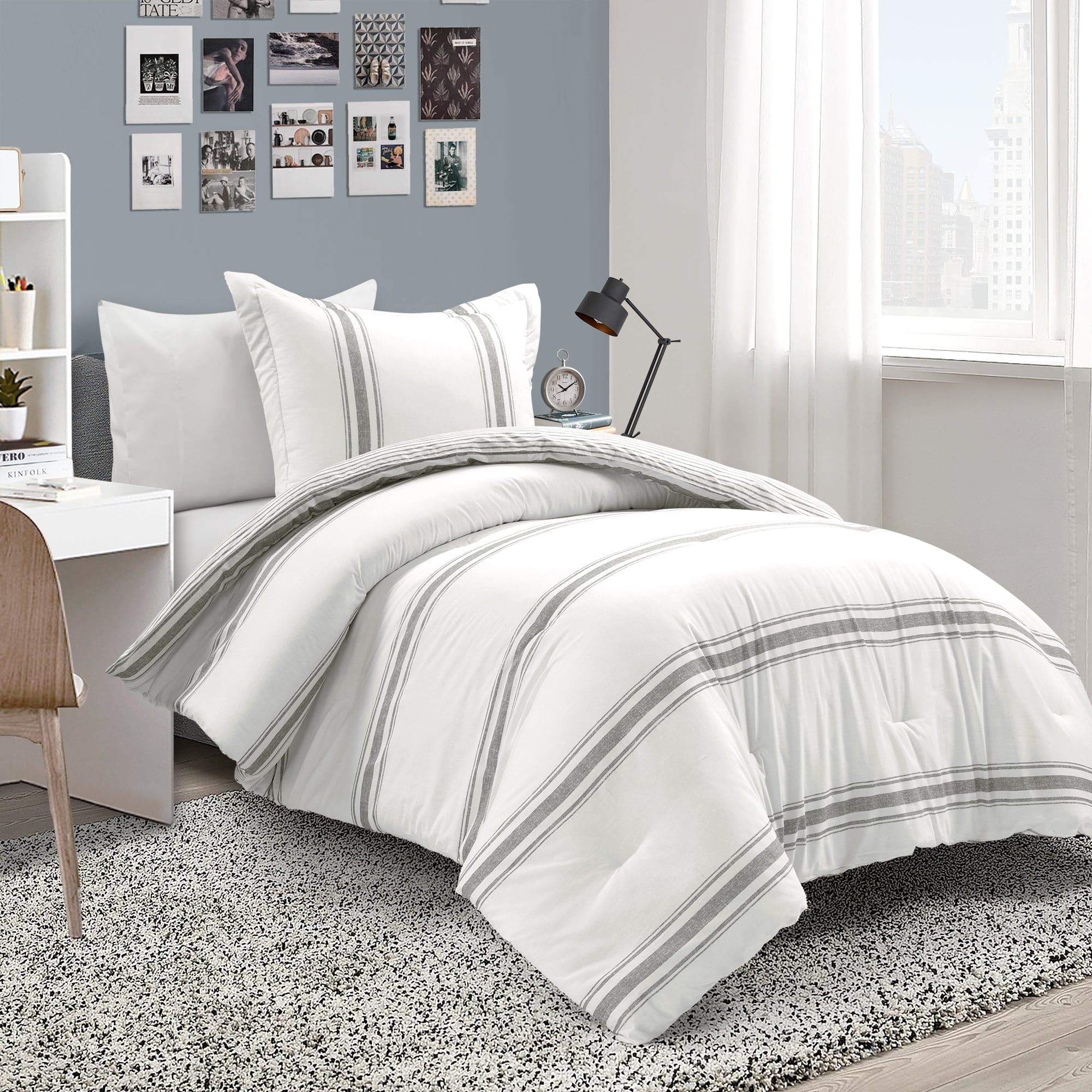 Farmhouse Stripe Reversible Comforter Set - Queen Size, Soft Breathable Cotton Bedding - Perfect for Cozy Bedroom Decor & Guest Room Styling
