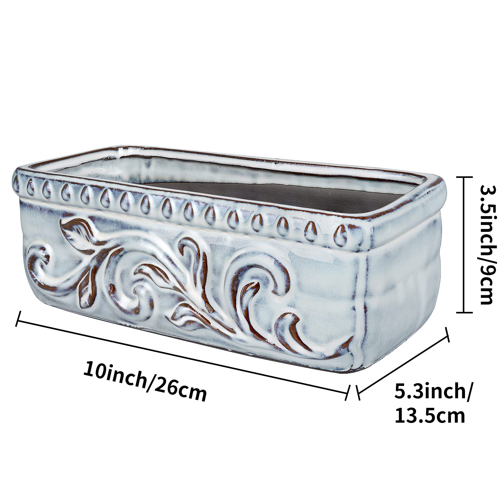 10 Inch Rectangular Ceramic Succulent Planter with Drainage Hole - Square Flower Pot for Indoor/Outdoor Plants, Bonsai & Home Decor - Perfect for Windowsills, Desks, Patios and Garden Decor